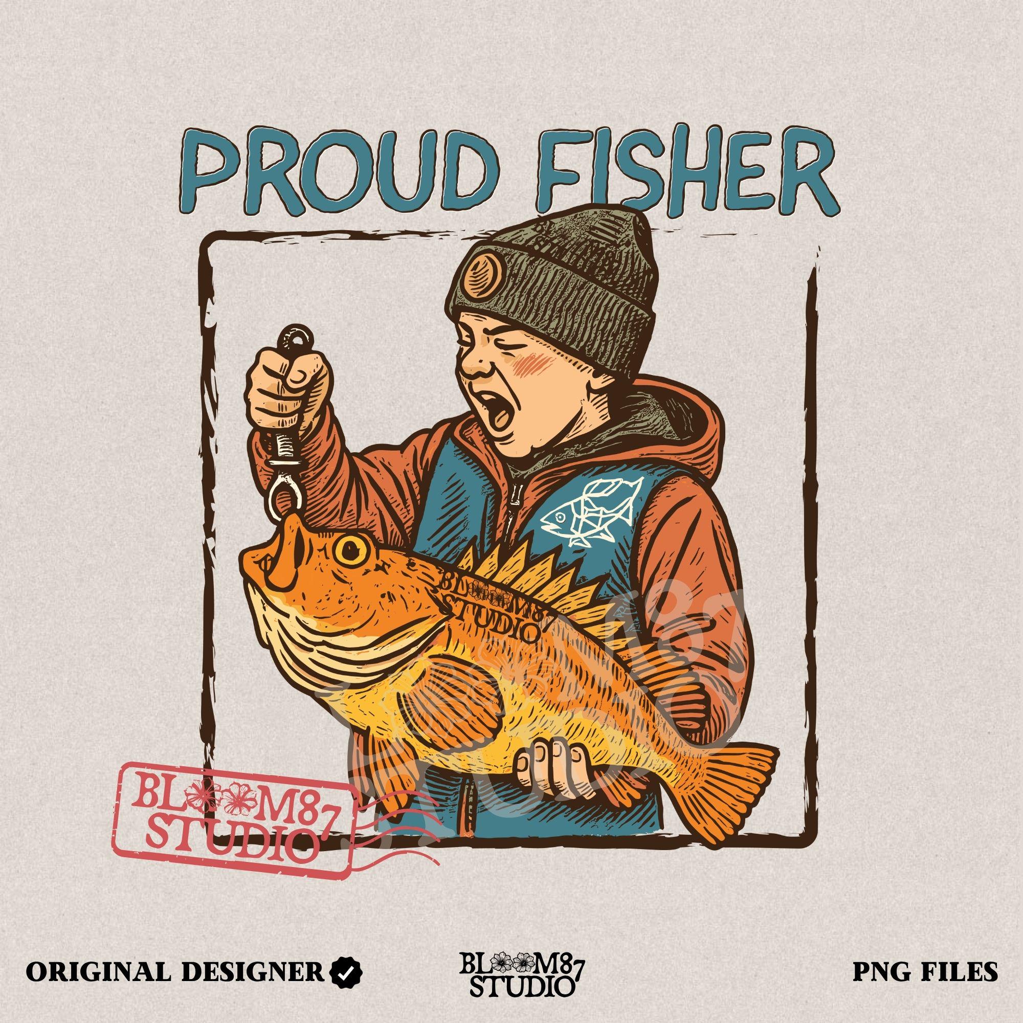 Retro illustration of a young boy in beanie proudly holding a large fish with “Proud Fisher” text above in vintage outdoors style
