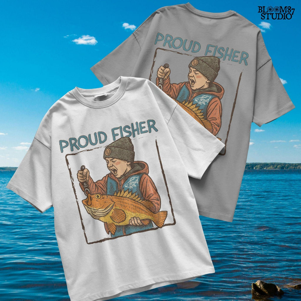 Retro illustration of a young boy in beanie proudly holding a large fish with “Proud Fisher” text above in vintage outdoors style