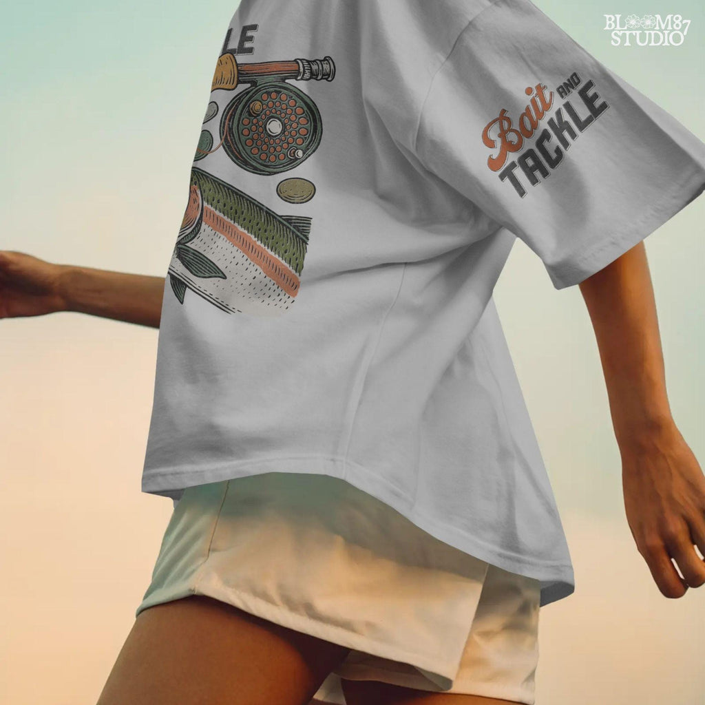 Vintage illustration of rainbow trout with fly rod, reel, river rocks, and “Bait and Tackle” text in retro fishing style