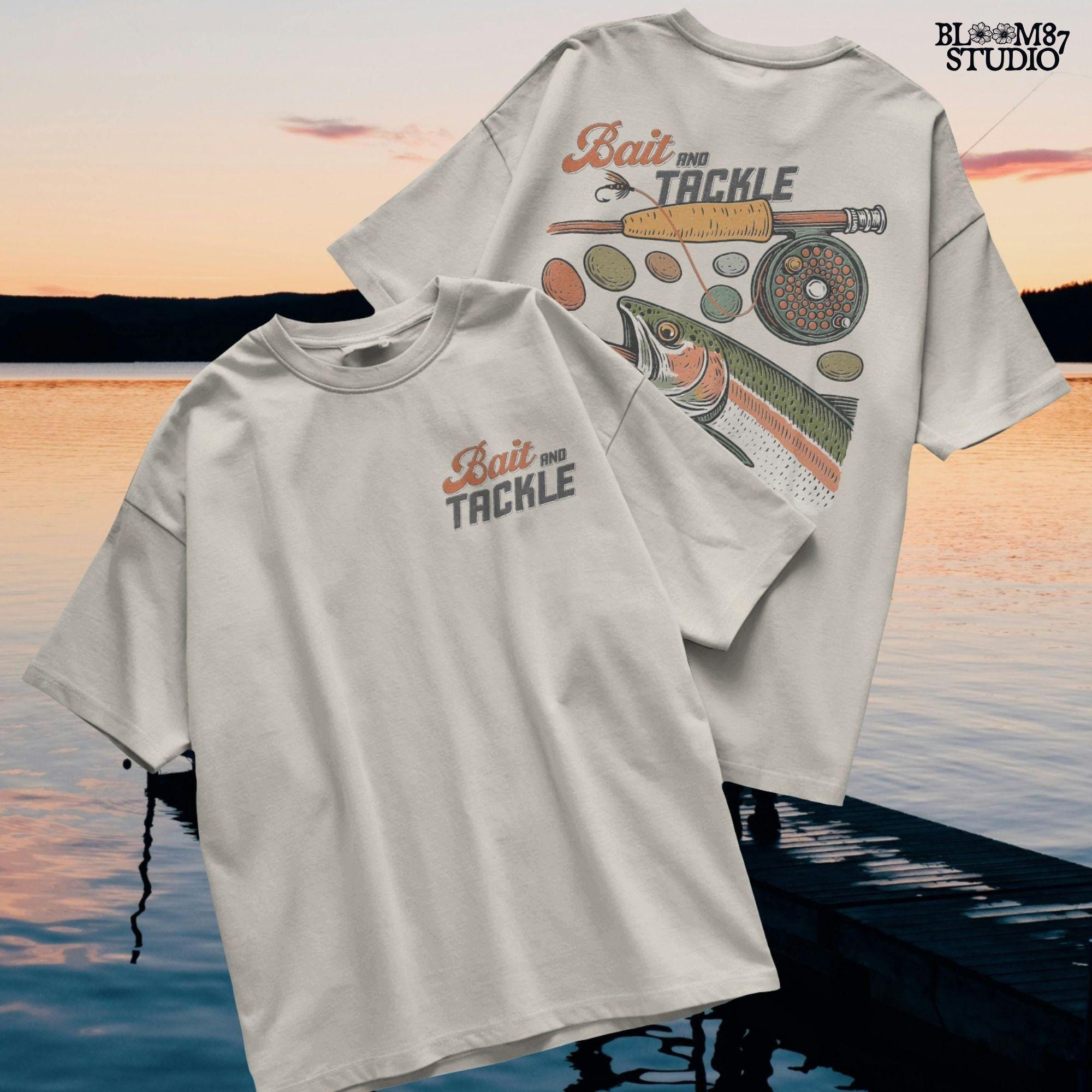 Vintage illustration of rainbow trout with fly rod, reel, river rocks, and “Bait and Tackle” text in retro fishing style