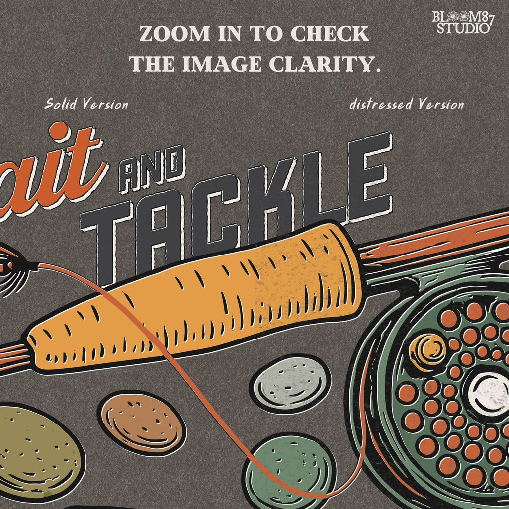 Vintage illustration of rainbow trout with fly rod, reel, river rocks, and “Bait and Tackle” text in retro fishing style