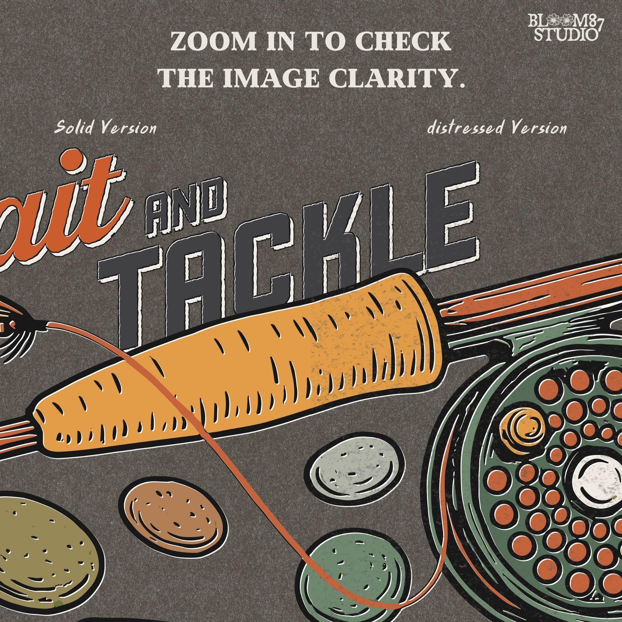 Vintage illustration of rainbow trout with fly rod, reel, river rocks, and “Bait and Tackle” text in retro fishing style