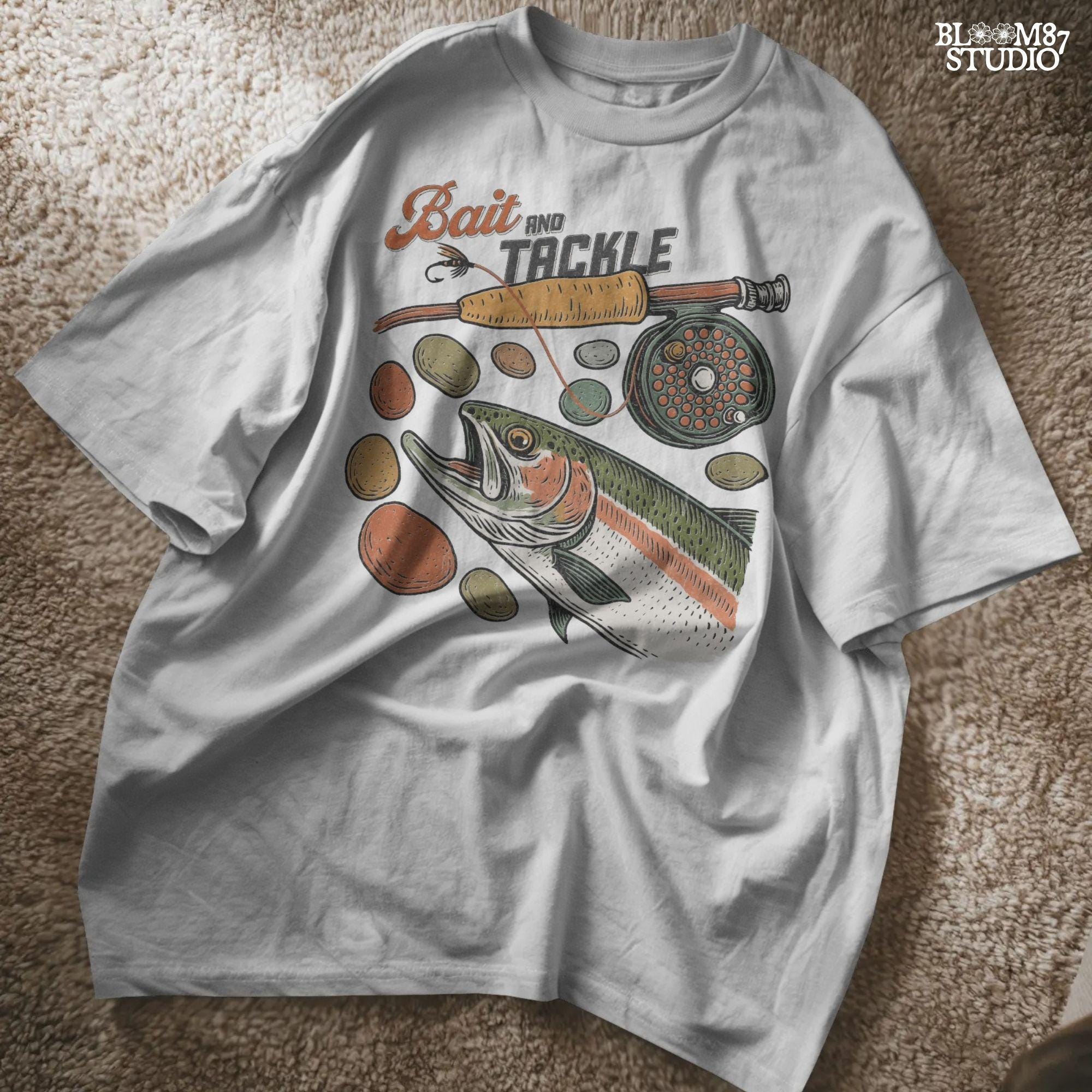 Vintage illustration of rainbow trout with fly rod, reel, river rocks, and “Bait and Tackle” text in retro fishing style