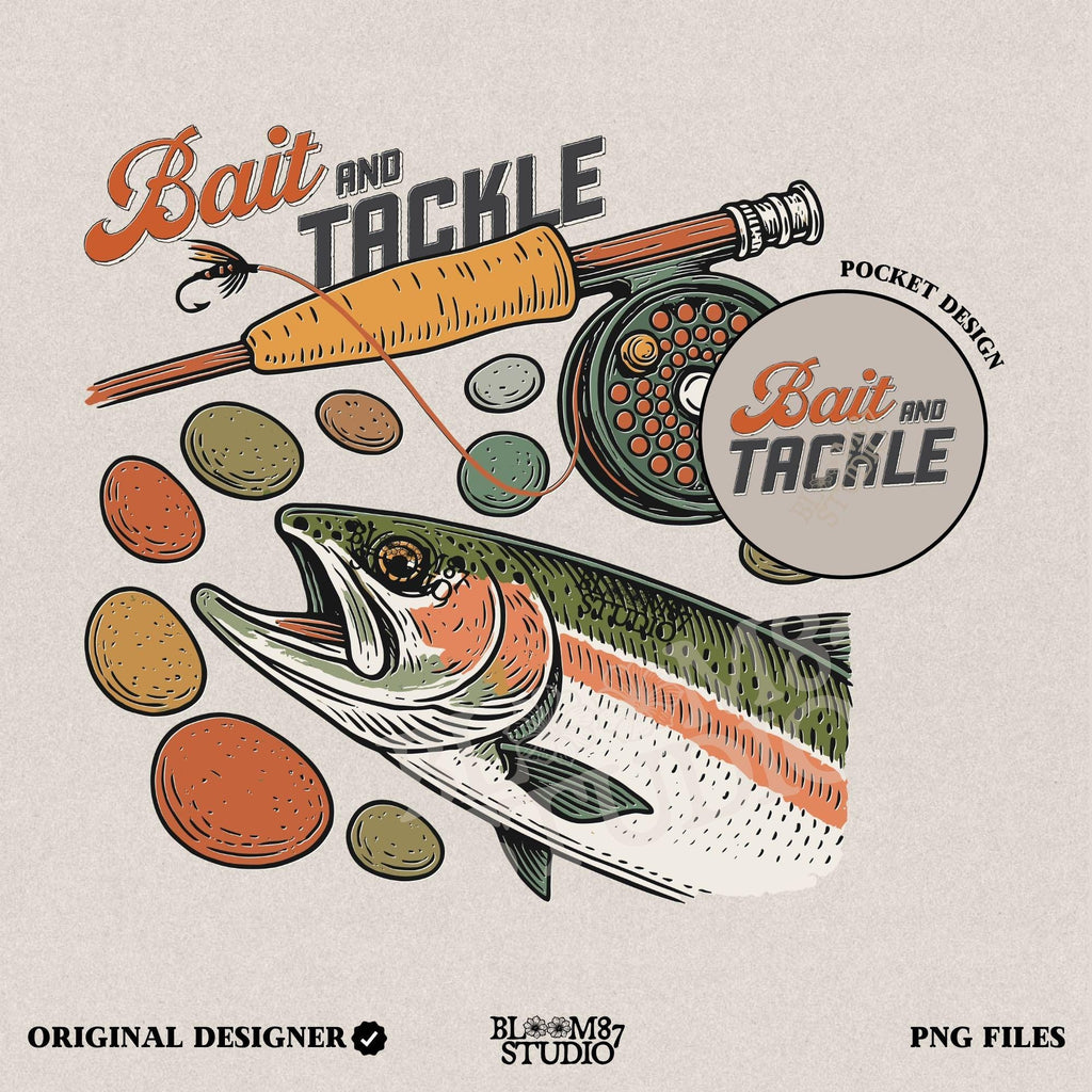 Vintage illustration of rainbow trout with fly rod, reel, river rocks, and “Bait and Tackle” text in retro fishing style