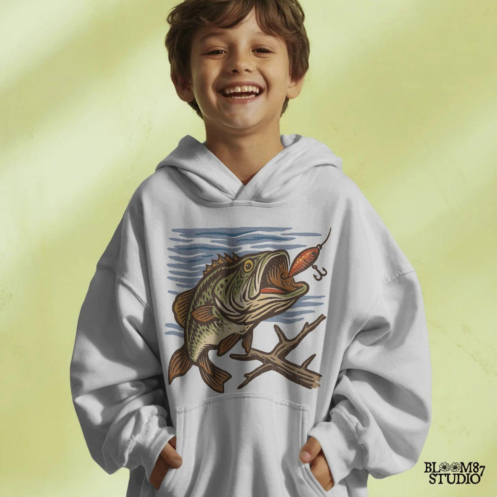 Vintage largemouth bass catching red lure underwater with rustic woodcut illustration style.