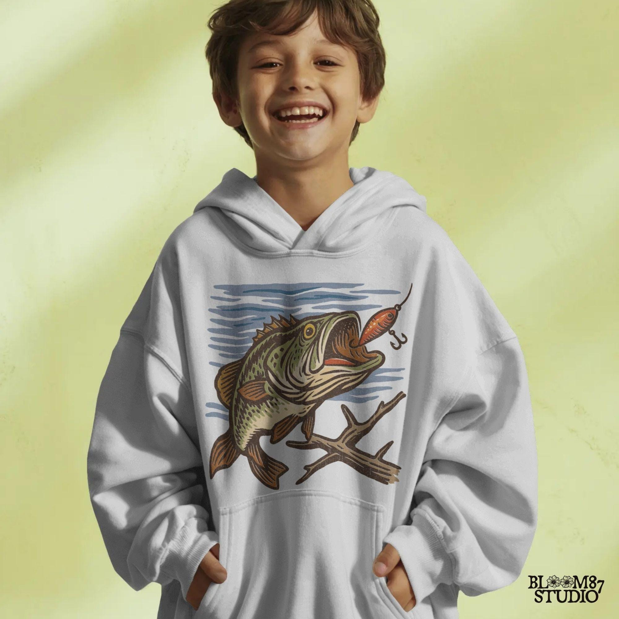 Vintage largemouth bass catching red lure underwater with rustic woodcut illustration style.