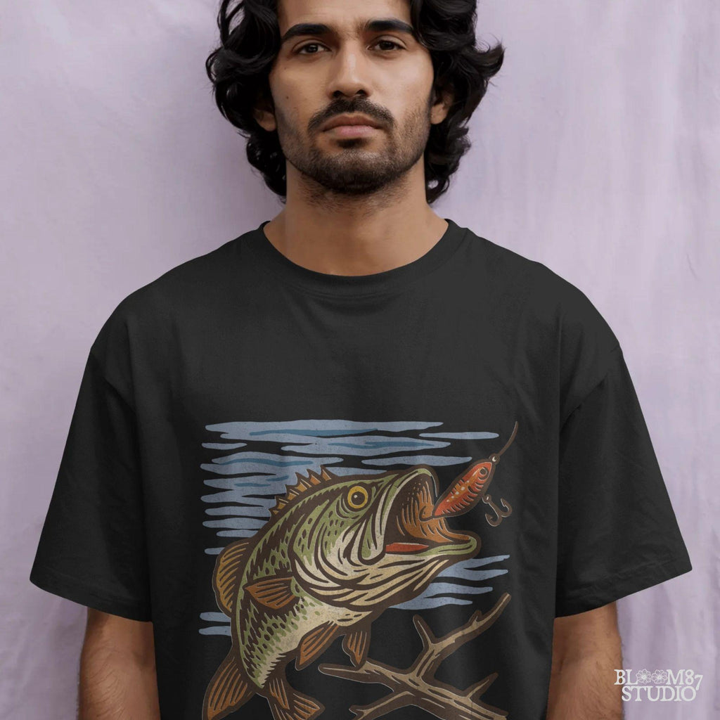 Vintage largemouth bass catching red lure underwater with rustic woodcut illustration style.