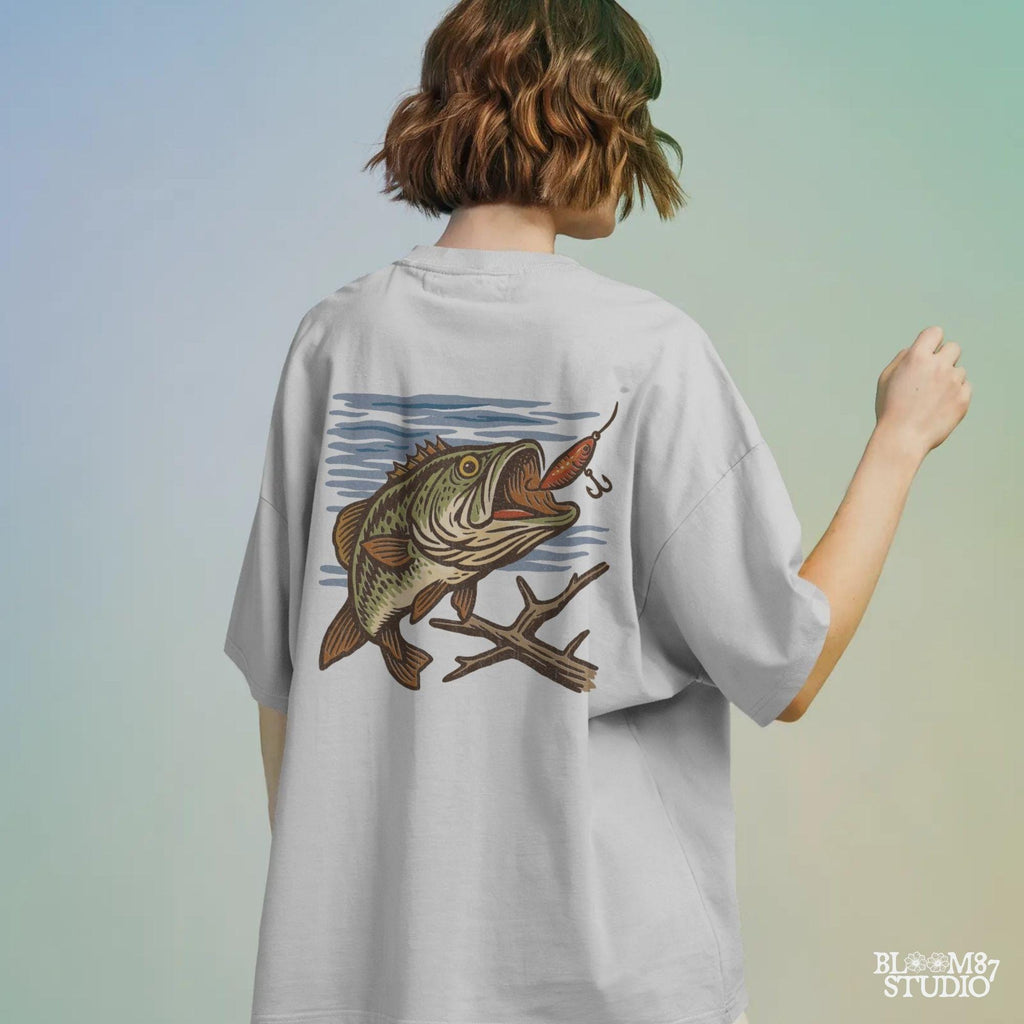 Vintage largemouth bass catching red lure underwater with rustic woodcut illustration style.