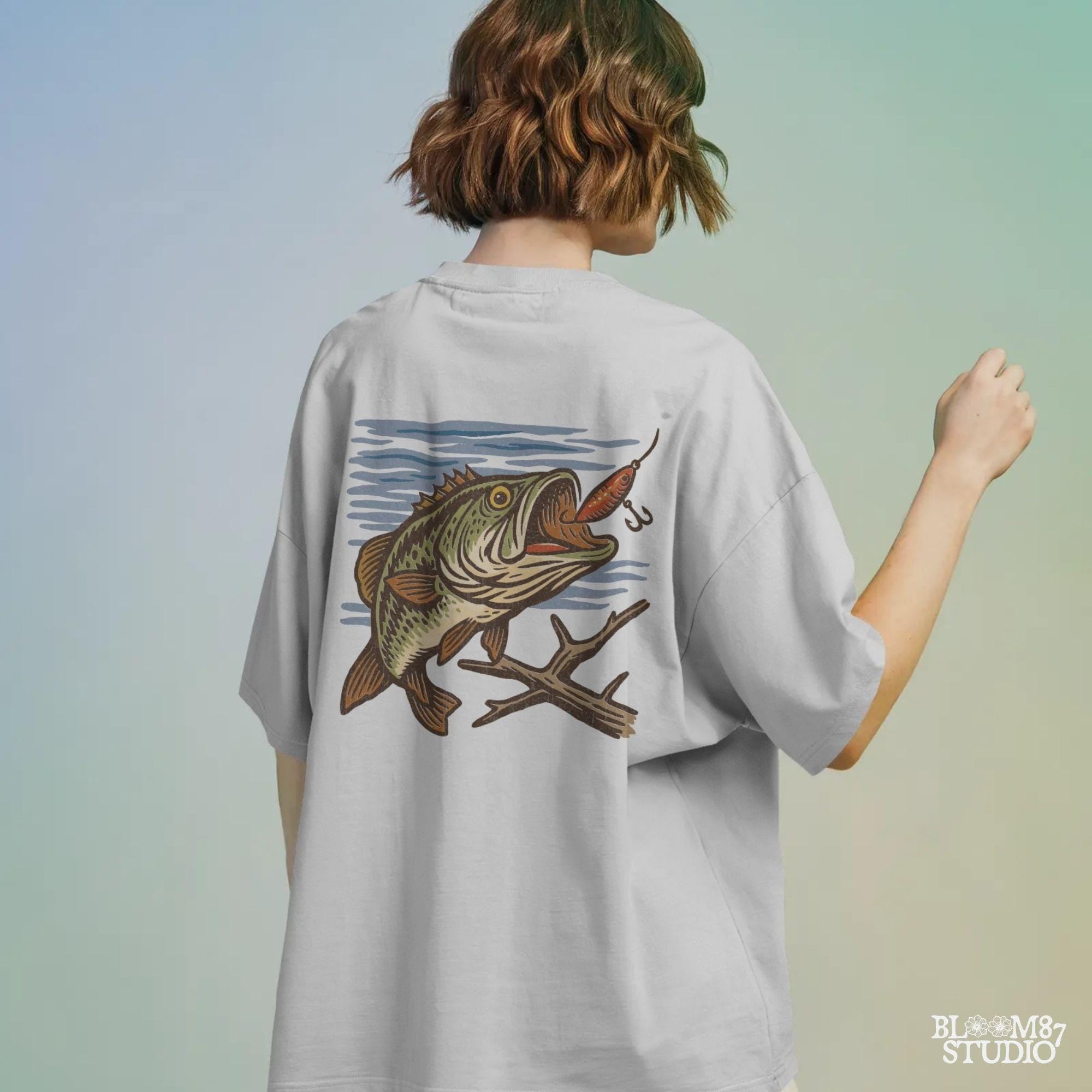 Vintage largemouth bass catching red lure underwater with rustic woodcut illustration style.