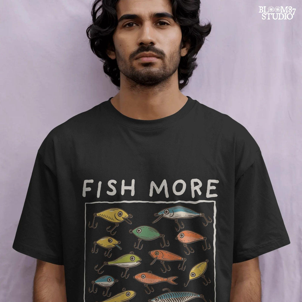 Hand-drawn vintage fishing lures with “Fish More Worry Less” quote in rustic outdoor style, colorful PNG for sublimation.