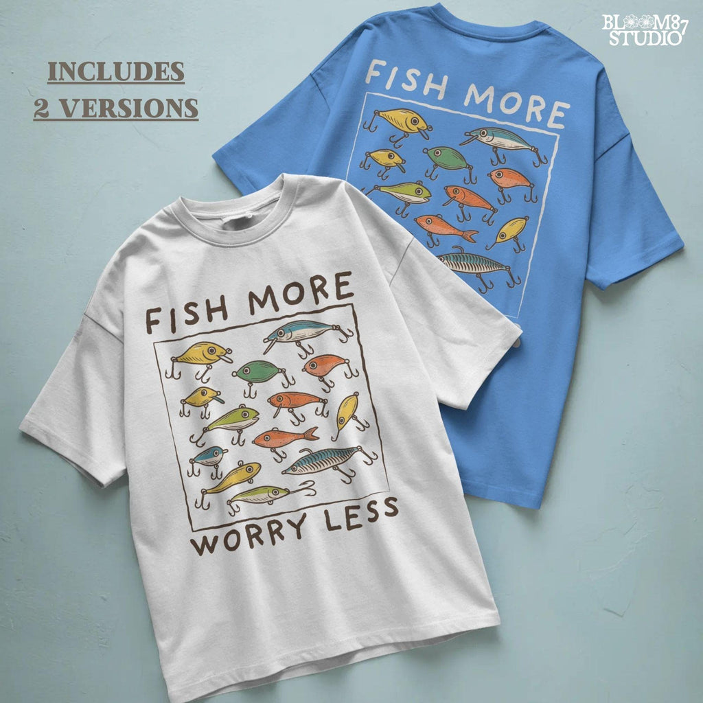 Hand-drawn vintage fishing lures with “Fish More Worry Less” quote in rustic outdoor style, colorful PNG for sublimation.