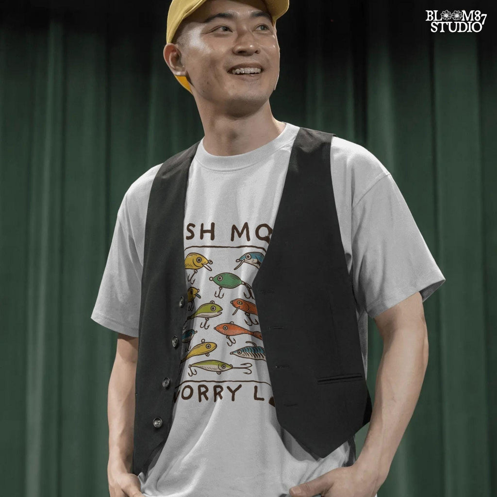 Hand-drawn vintage fishing lures with “Fish More Worry Less” quote in rustic outdoor style, colorful PNG for sublimation.