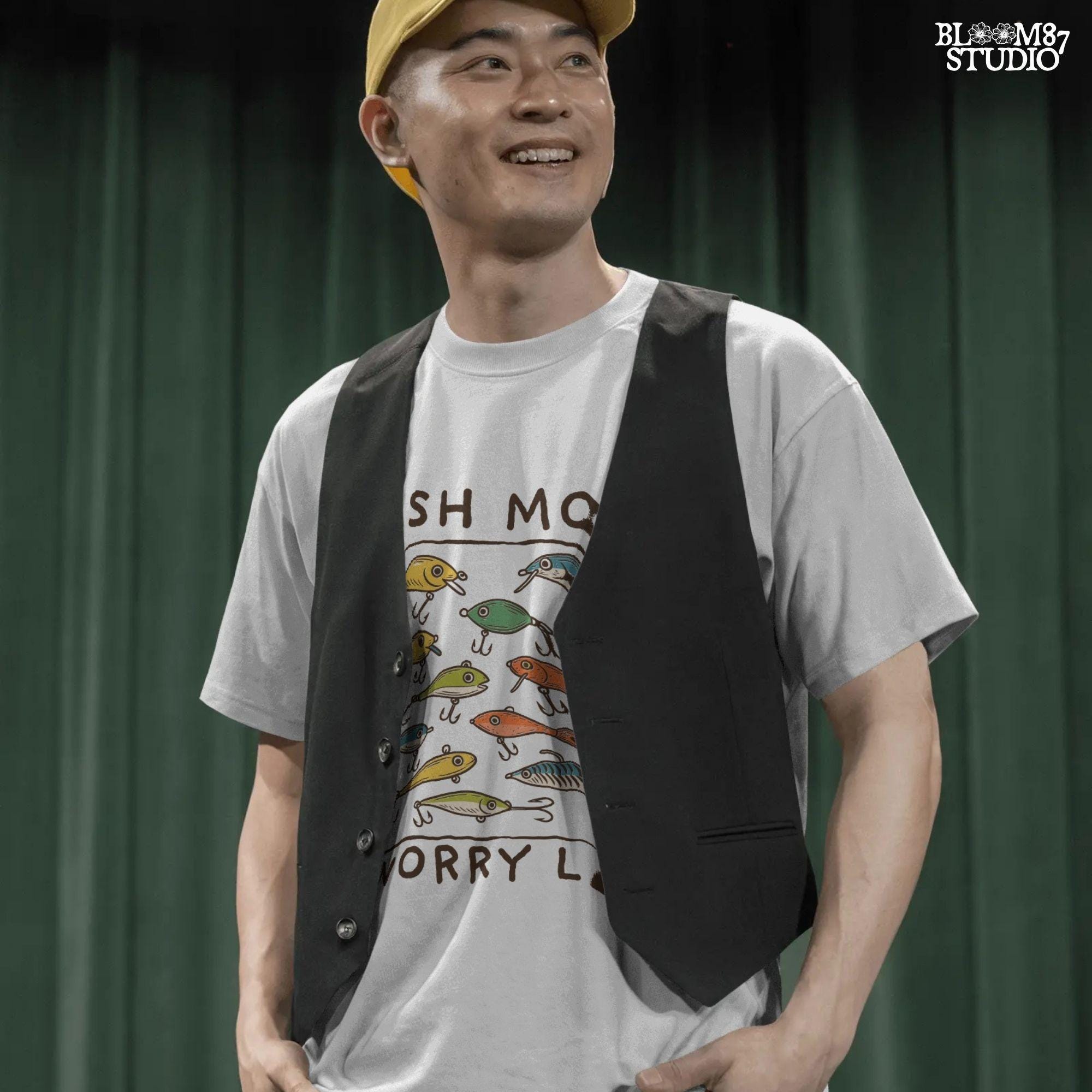 Hand-drawn vintage fishing lures with “Fish More Worry Less” quote in rustic outdoor style, colorful PNG for sublimation.