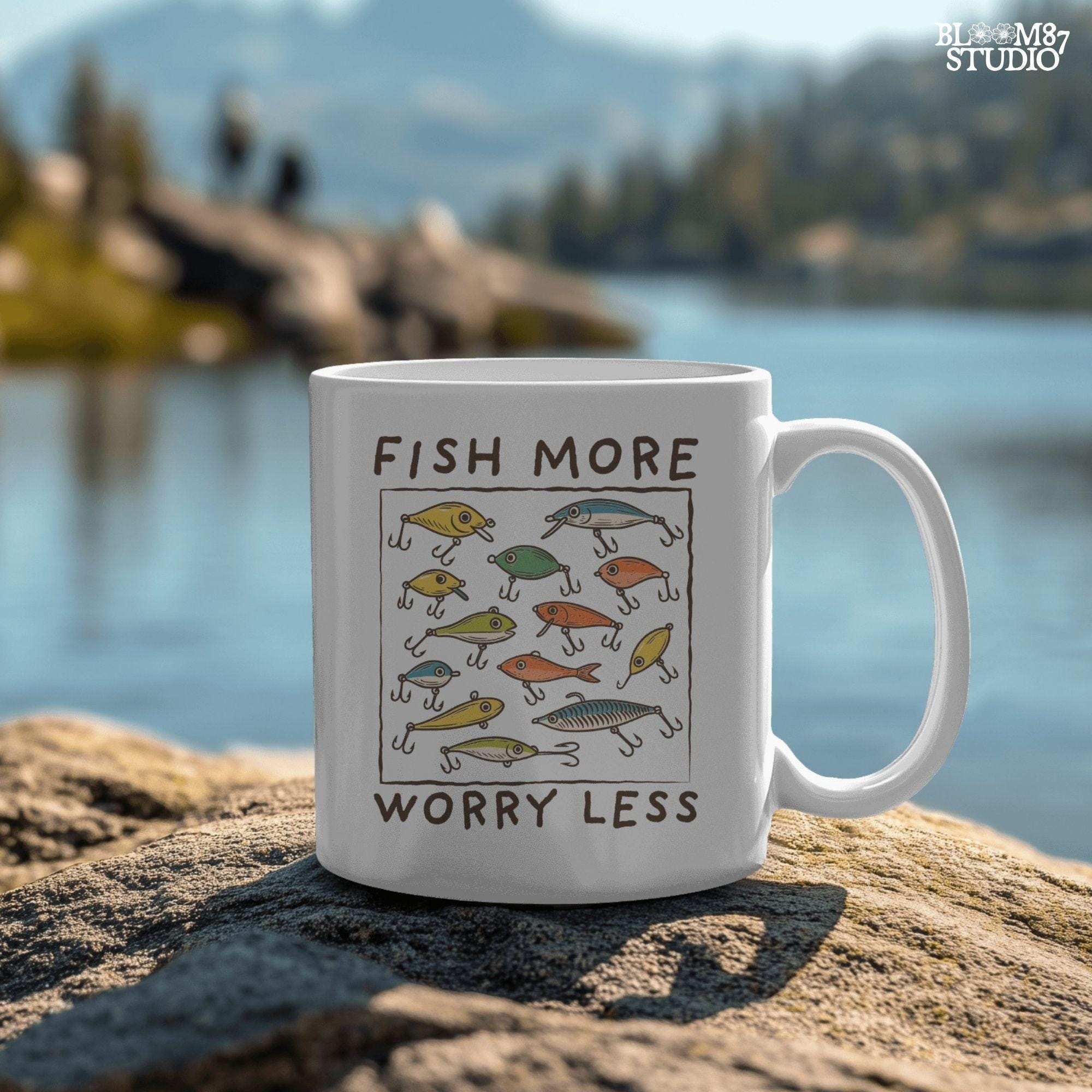 Hand-drawn vintage fishing lures with “Fish More Worry Less” quote in rustic outdoor style, colorful PNG for sublimation.