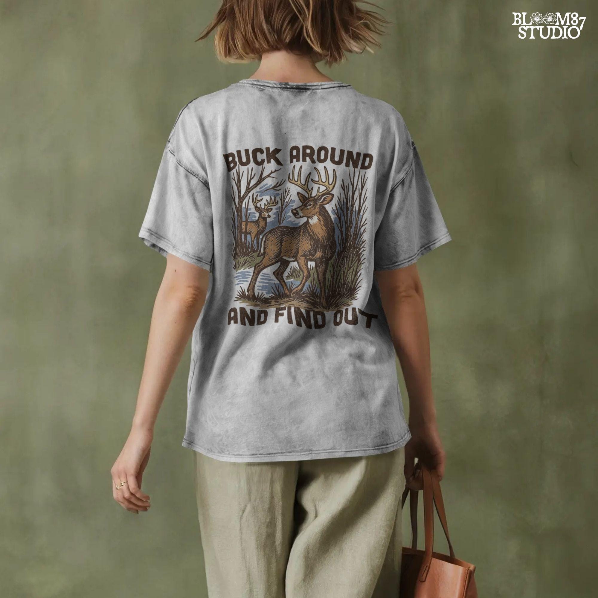 Retro-style deer hunting PNG design with bucks in the woods and text “Buck Around and Find Out”, perfect for funny hunter gifts.