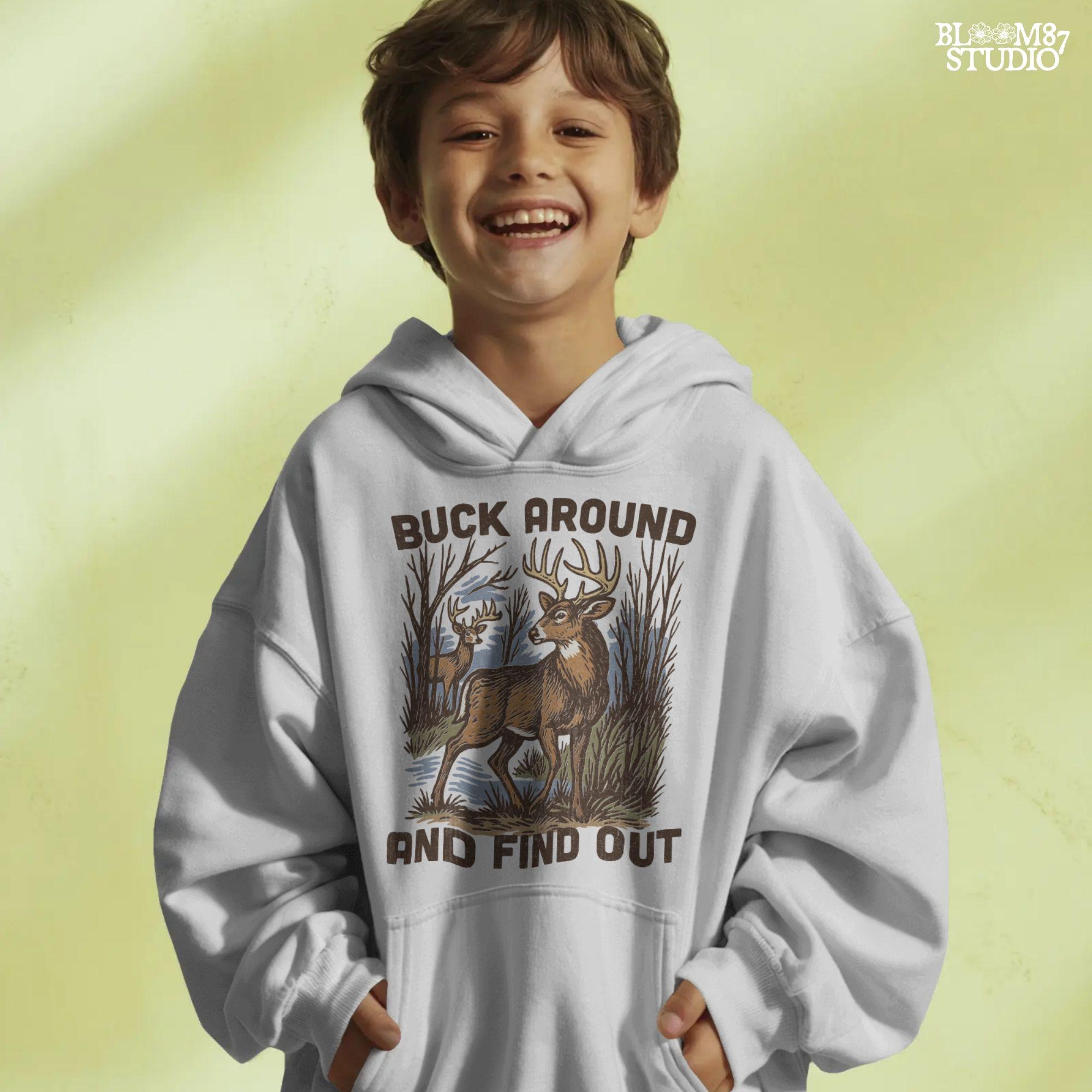 Retro-style deer hunting PNG design with bucks in the woods and text “Buck Around and Find Out”, perfect for funny hunter gifts.