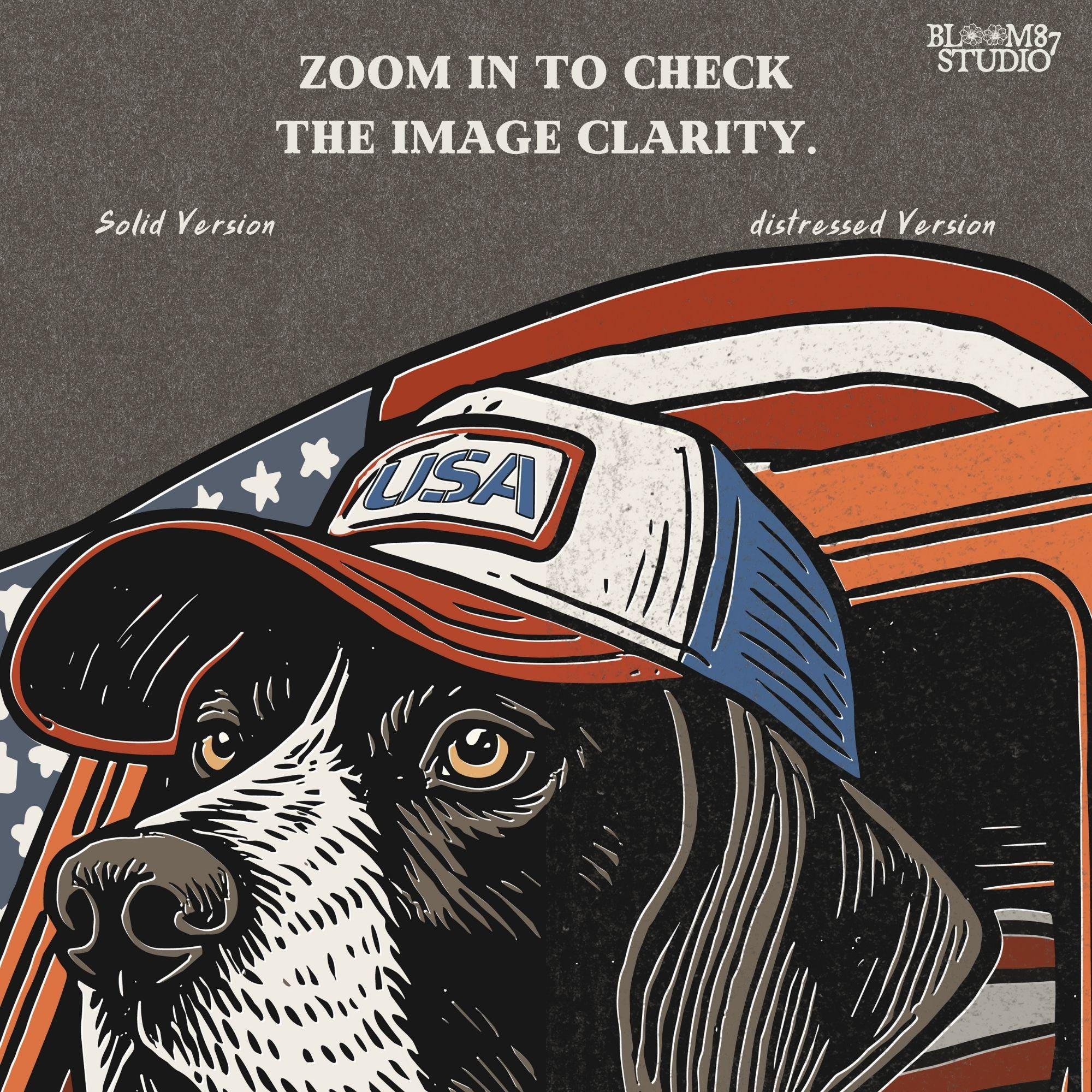 German Shorthaired Pointer dog wearing USA hat looking out of truck window with American flag waving in background