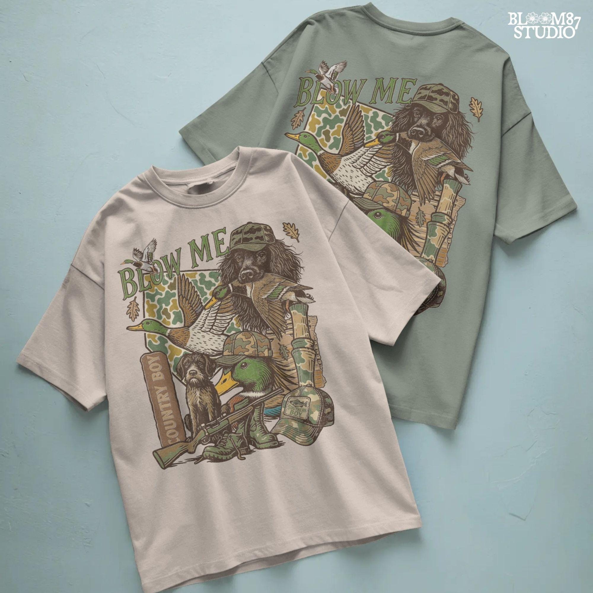 Retro collage of duck hunting elements including mallards, camo, duck dog, country boy rifle, and “Blow Me” southern humor quote.