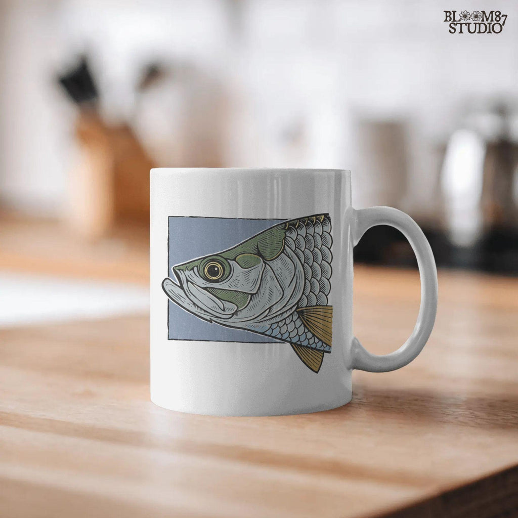 Close-up illustration of a large saltwater fish head with detailed scales, eye, fins, and vintage engraving-style shading on blue background