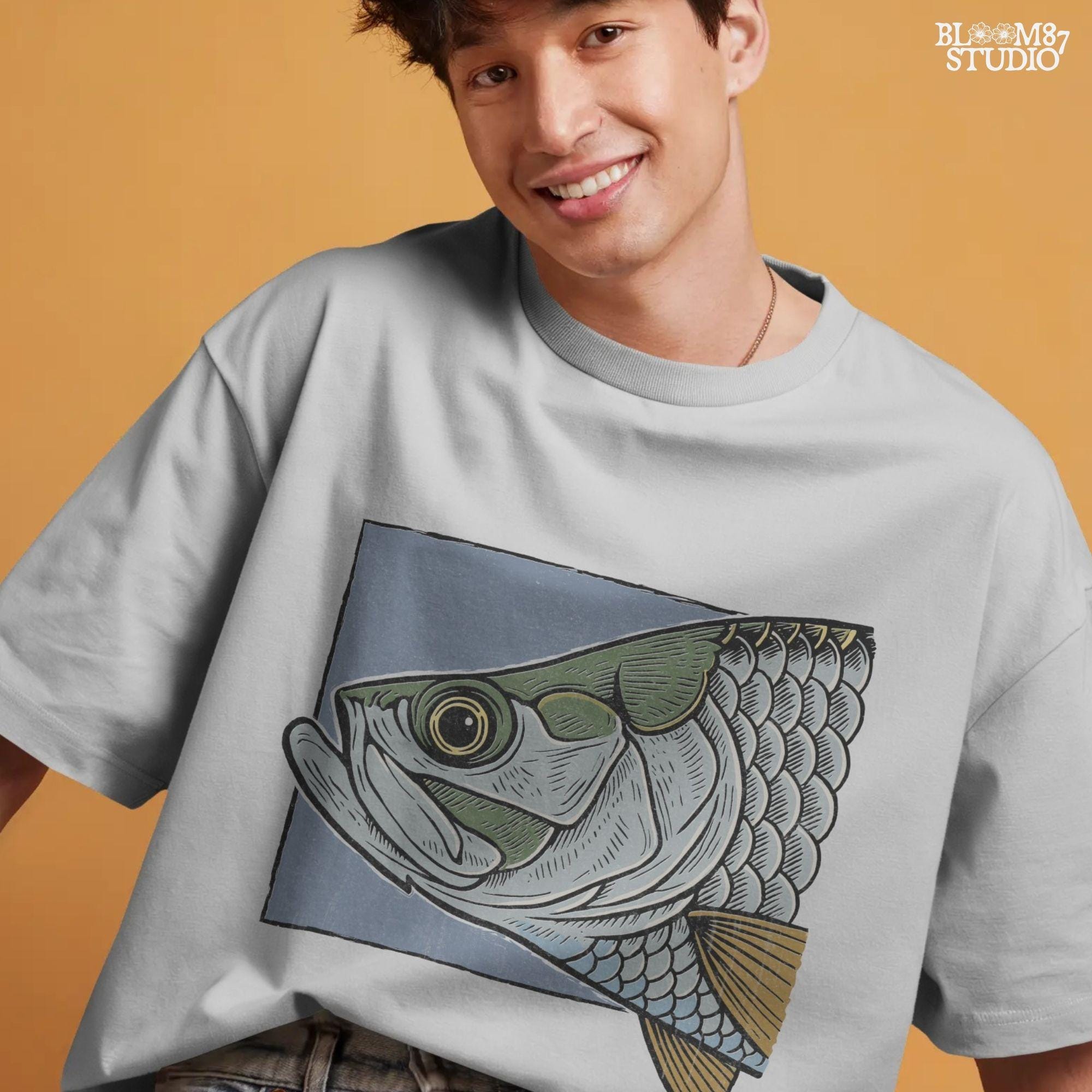 Close-up illustration of a large saltwater fish head with detailed scales, eye, fins, and vintage engraving-style shading on blue background