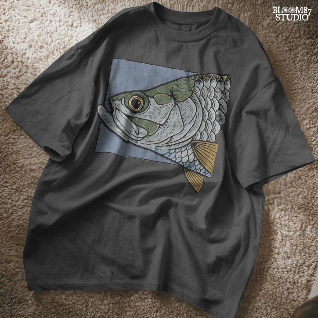 Close-up illustration of a large saltwater fish head with detailed scales, eye, fins, and vintage engraving-style shading on blue background