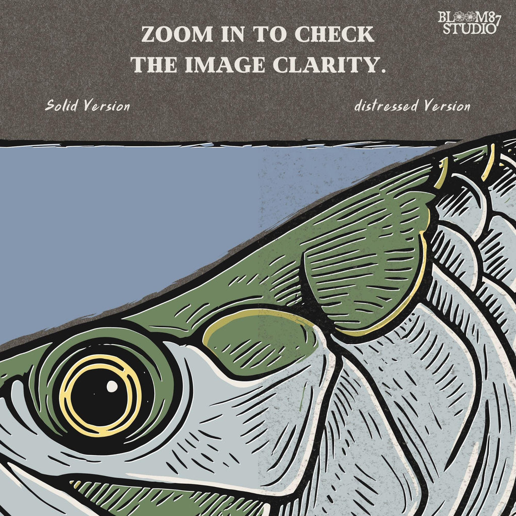 Close-up illustration of a large saltwater fish head with detailed scales, eye, fins, and vintage engraving-style shading on blue background