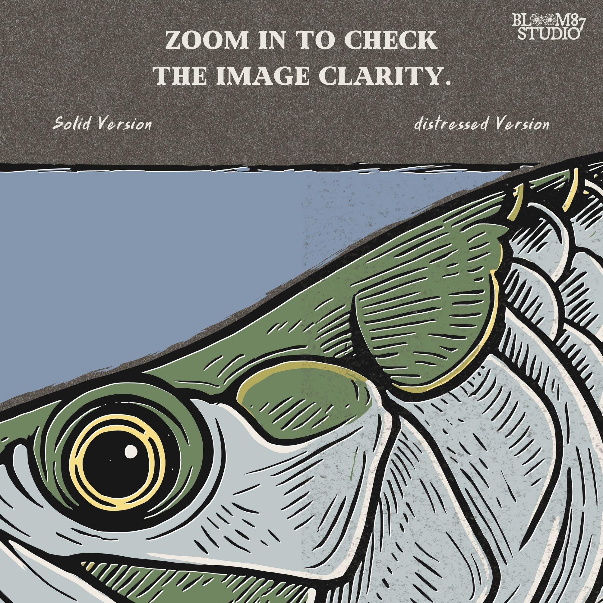 Close-up illustration of a large saltwater fish head with detailed scales, eye, fins, and vintage engraving-style shading on blue background