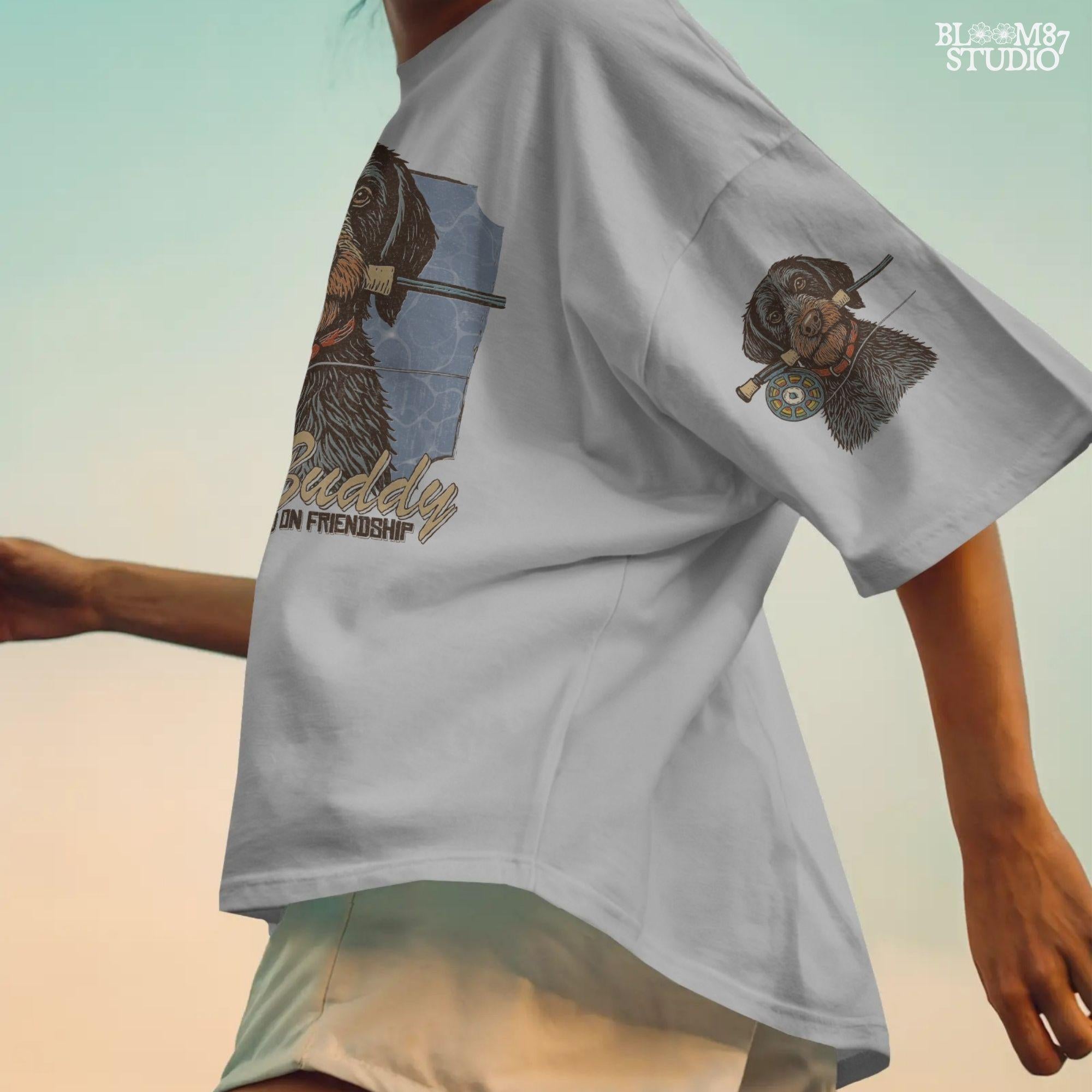 River Buddy Dog PNG – Fly Fishing Dog Clipart with Rod & Hooked on Friendship Text for Sublimation Shirt, Tumbler, Outdoorsman Digital File