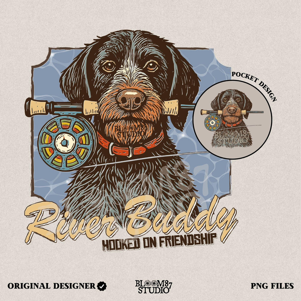 River Buddy Dog PNG – Fly Fishing Dog Clipart with Rod & Hooked on Friendship Text for Sublimation Shirt, Tumbler, Outdoorsman Digital File