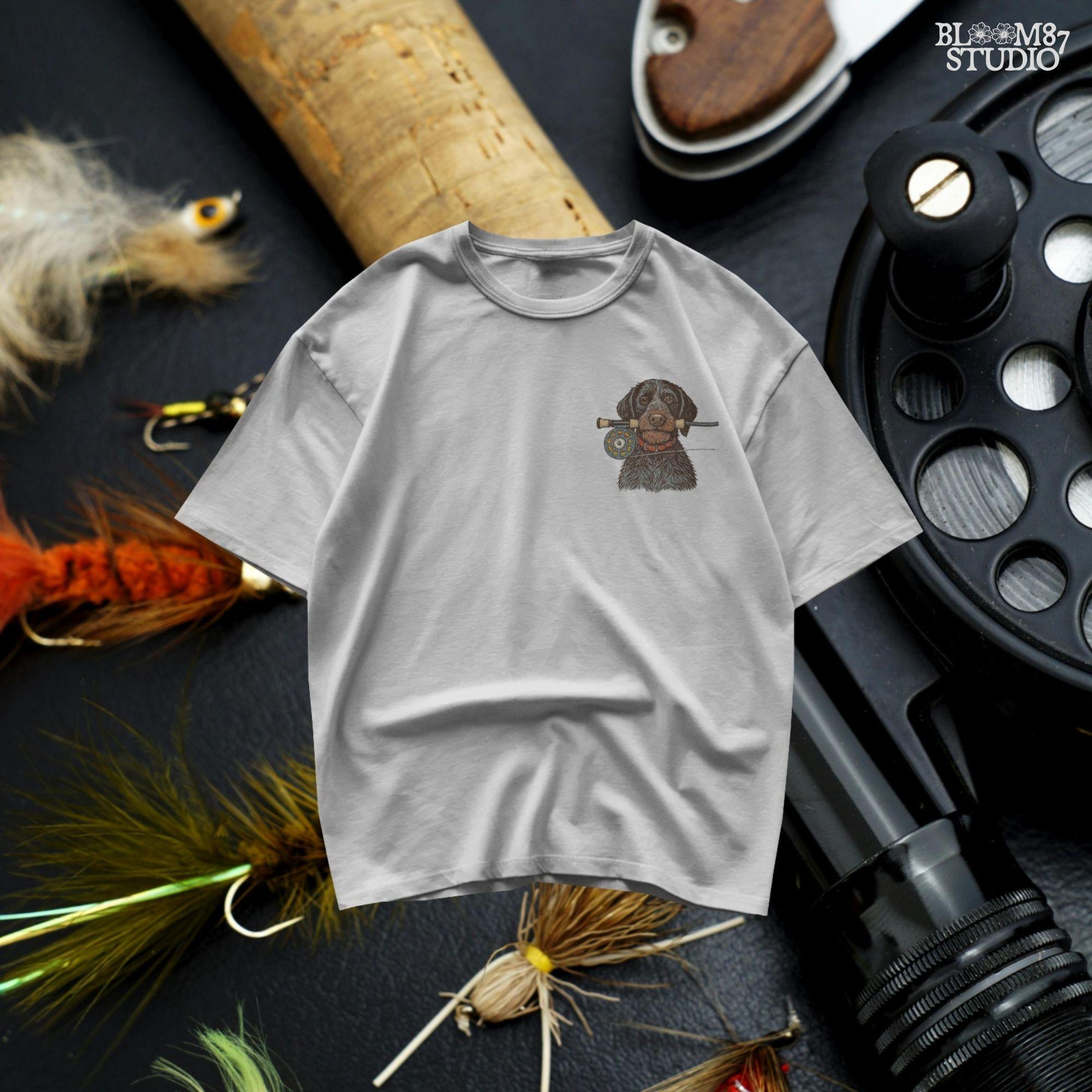 River Buddy Dog PNG – Fly Fishing Dog Clipart with Rod & Hooked on Friendship Text for Sublimation Shirt, Tumbler, Outdoorsman Digital File