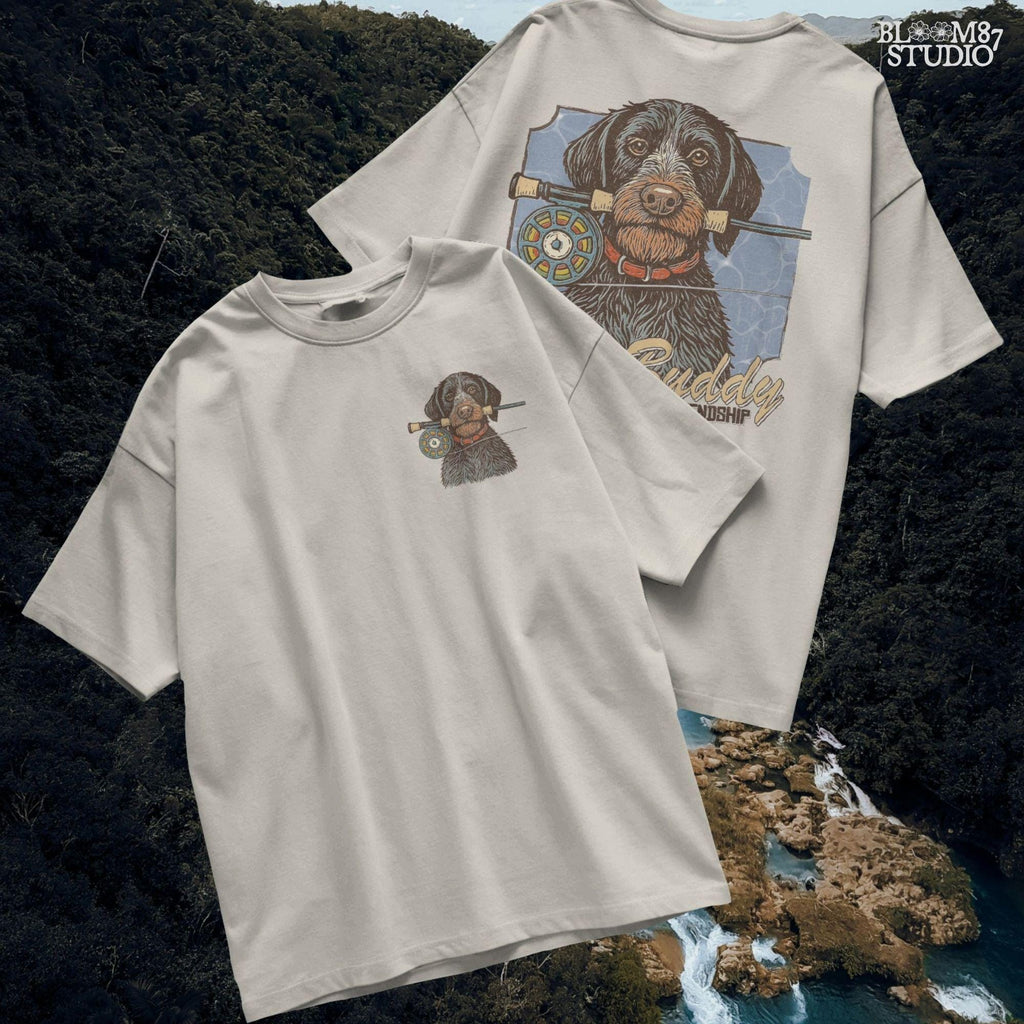 River Buddy Dog PNG – Fly Fishing Dog Clipart with Rod & Hooked on Friendship Text for Sublimation Shirt, Tumbler, Outdoorsman Digital File