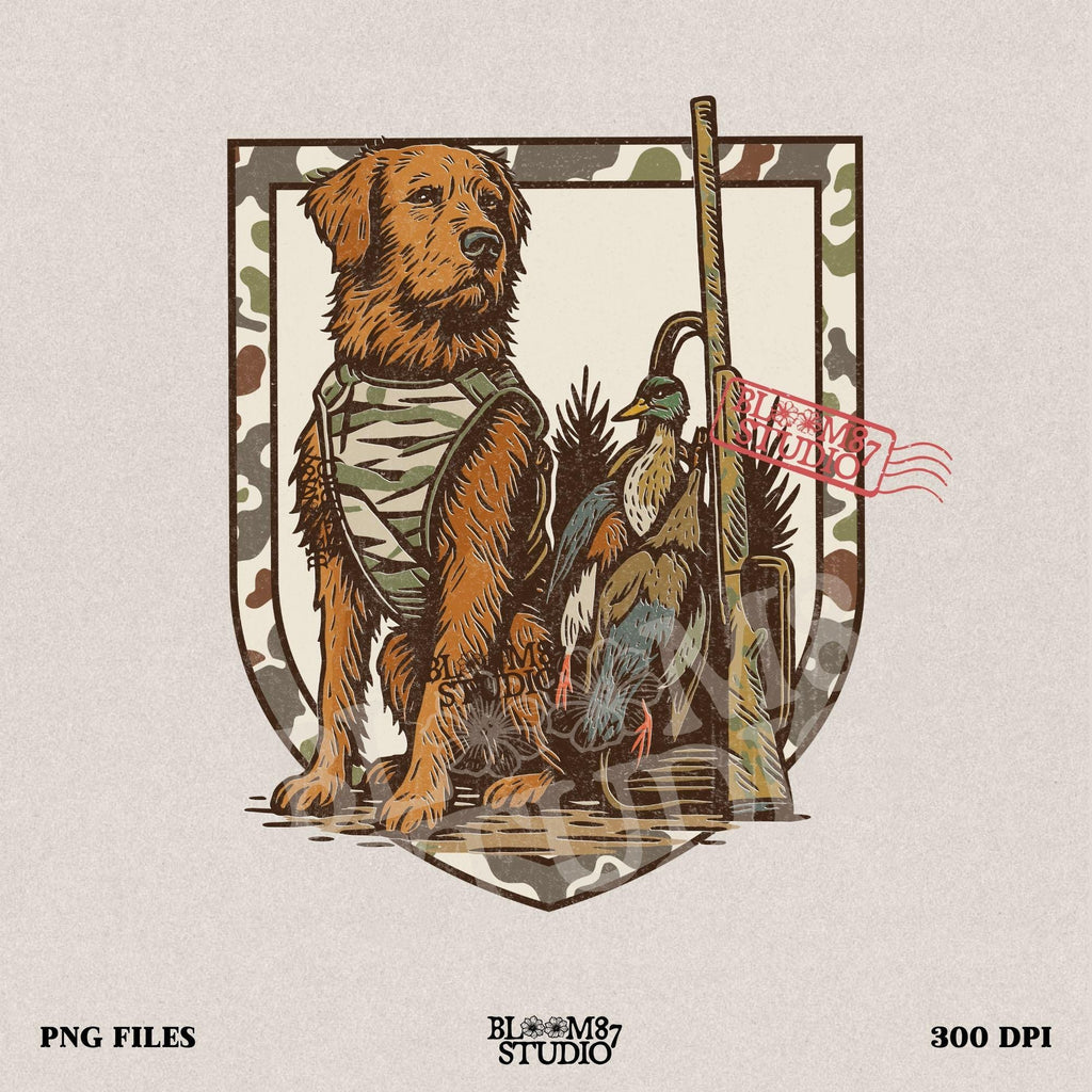 duck hunting dog in camo vest, retriever with mallard and shotgun, vintage hunting badge style illustration, outdoor hunting design