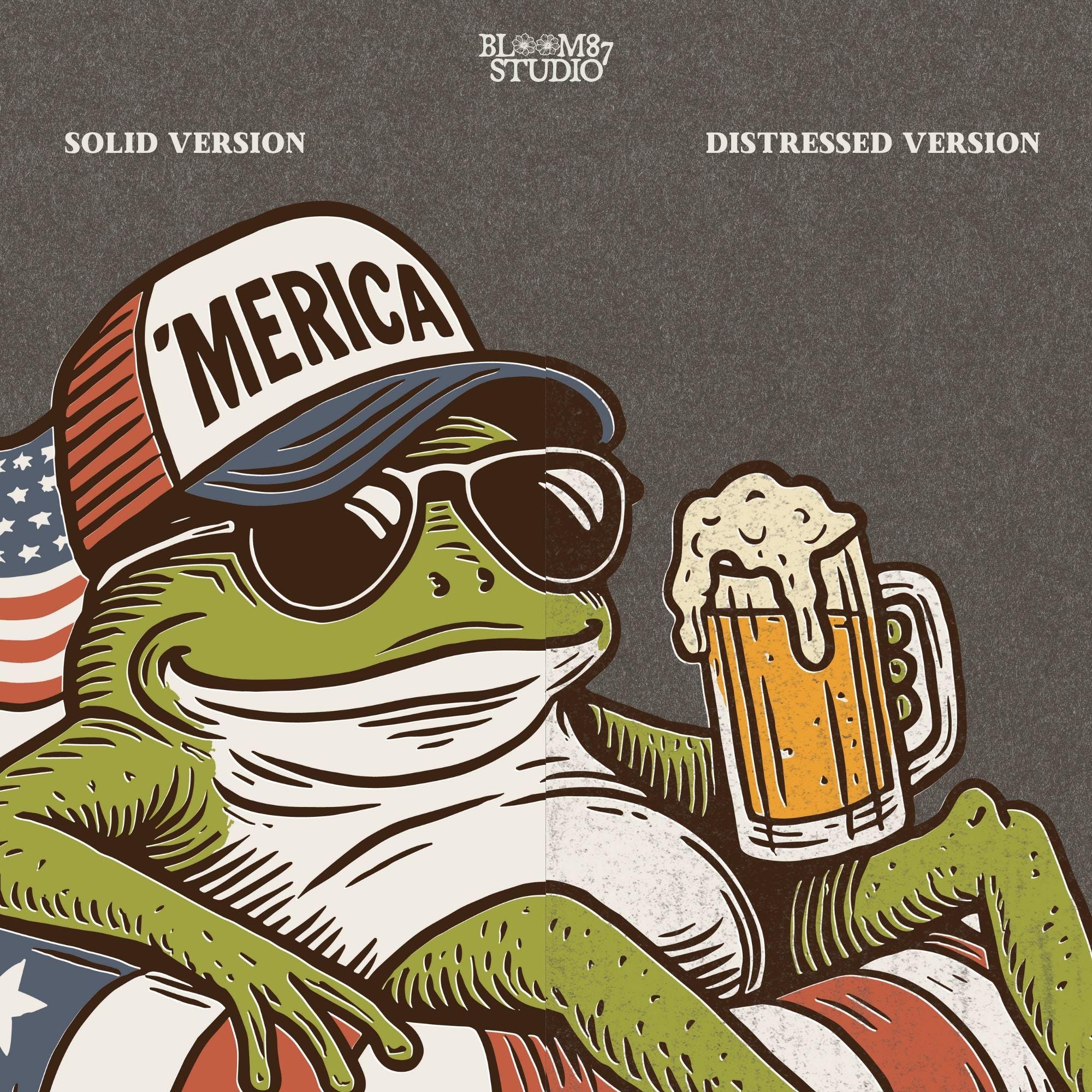 A vintage-style cartoon frog lounging on a patriotic inner tube, wearing a ‘Merica cap and sunglasses, holding a mug of beer with an American flag in the background.