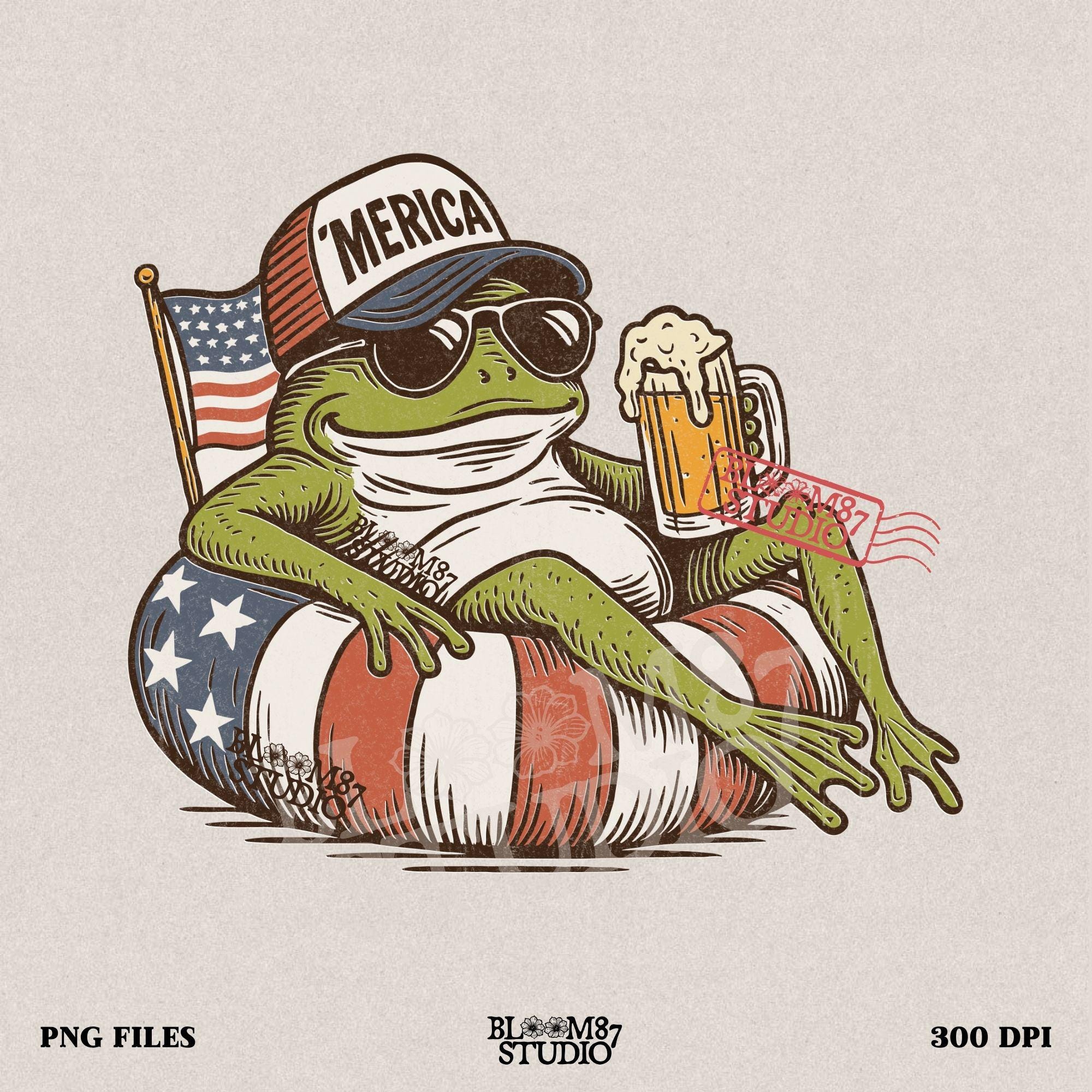 A vintage-style cartoon frog lounging on a patriotic inner tube, wearing a ‘Merica cap and sunglasses, holding a mug of beer with an American flag in the background.