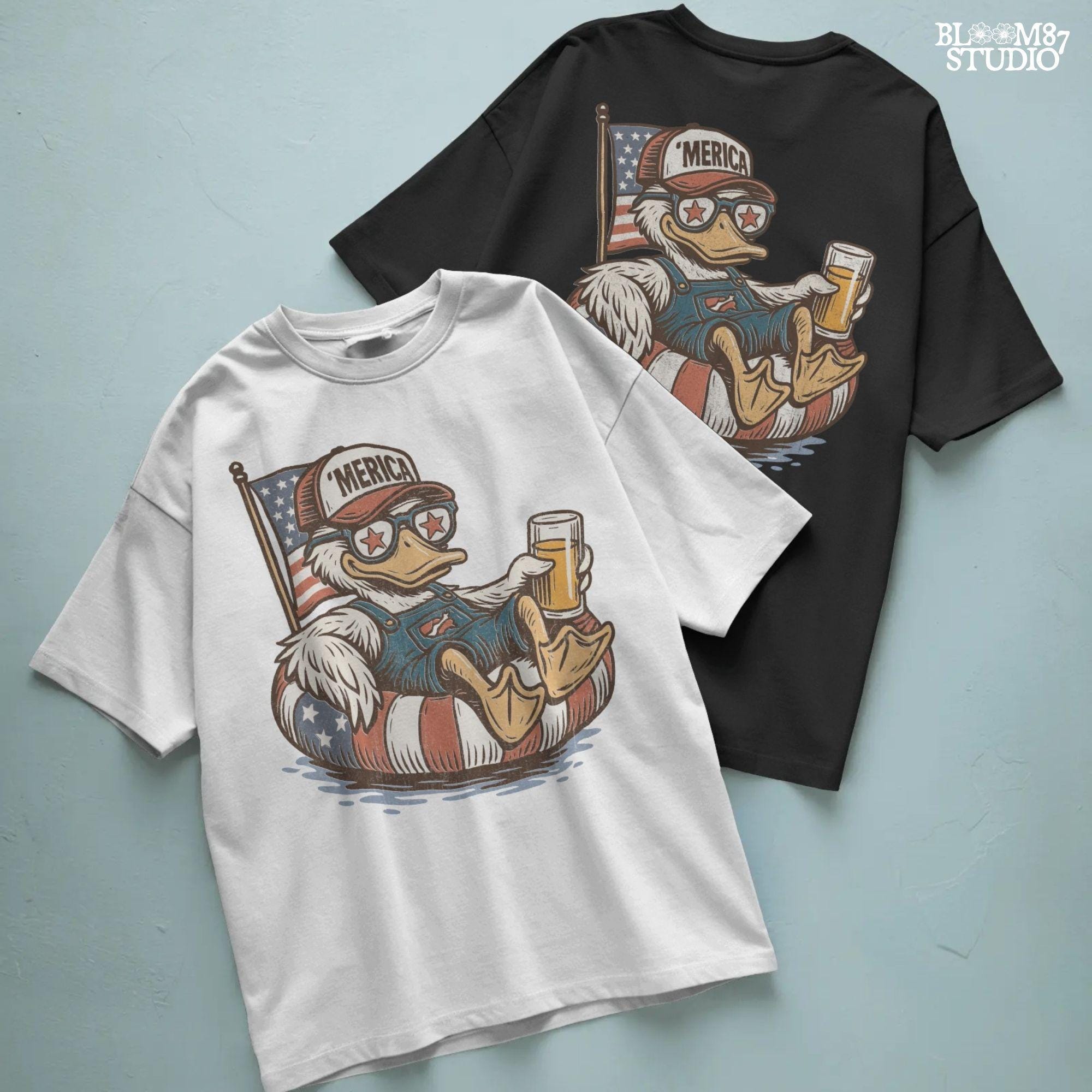 Cartoon duck lounging on a red, white, and blue floaty, wearing sunglasses and a ‘Merica cap, holding a beer with American flag background.