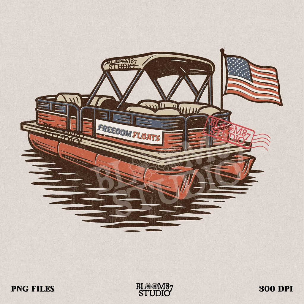 Vintage illustration of a red pontoon boat with “Freedom Floats” text and an American flag waving at the back, floating on a lake.