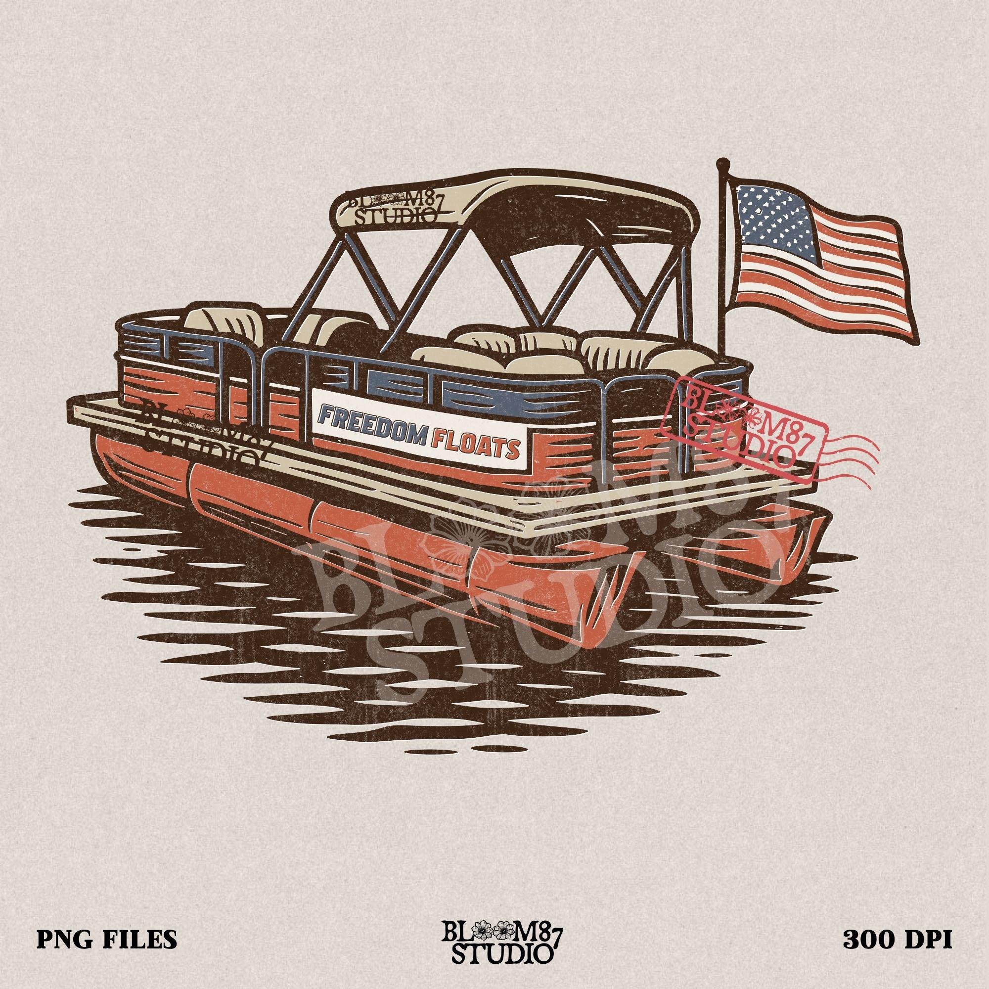 Vintage illustration of a red pontoon boat with “Freedom Floats” text and an American flag waving at the back, floating on a lake.