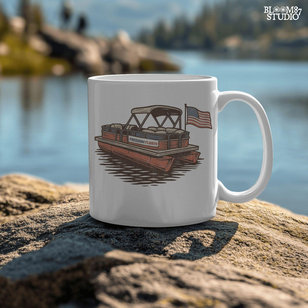 Vintage illustration of a red pontoon boat with “Freedom Floats” text and an American flag waving at the back, floating on a lake.