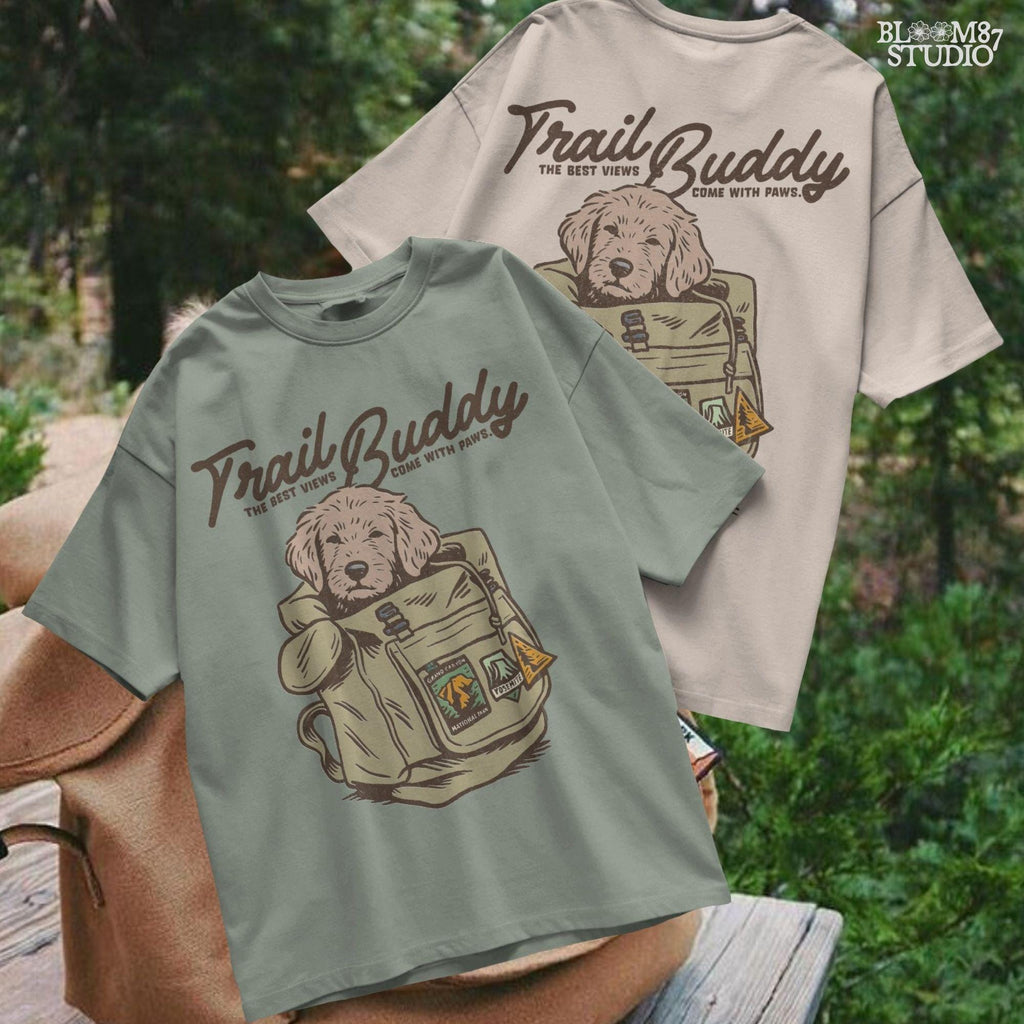 Hand-drawn illustration of a dog in a vintage hiking backpack with National Park patches and the phrase “The Best Views Come with Paws,” designed for sublimation.
