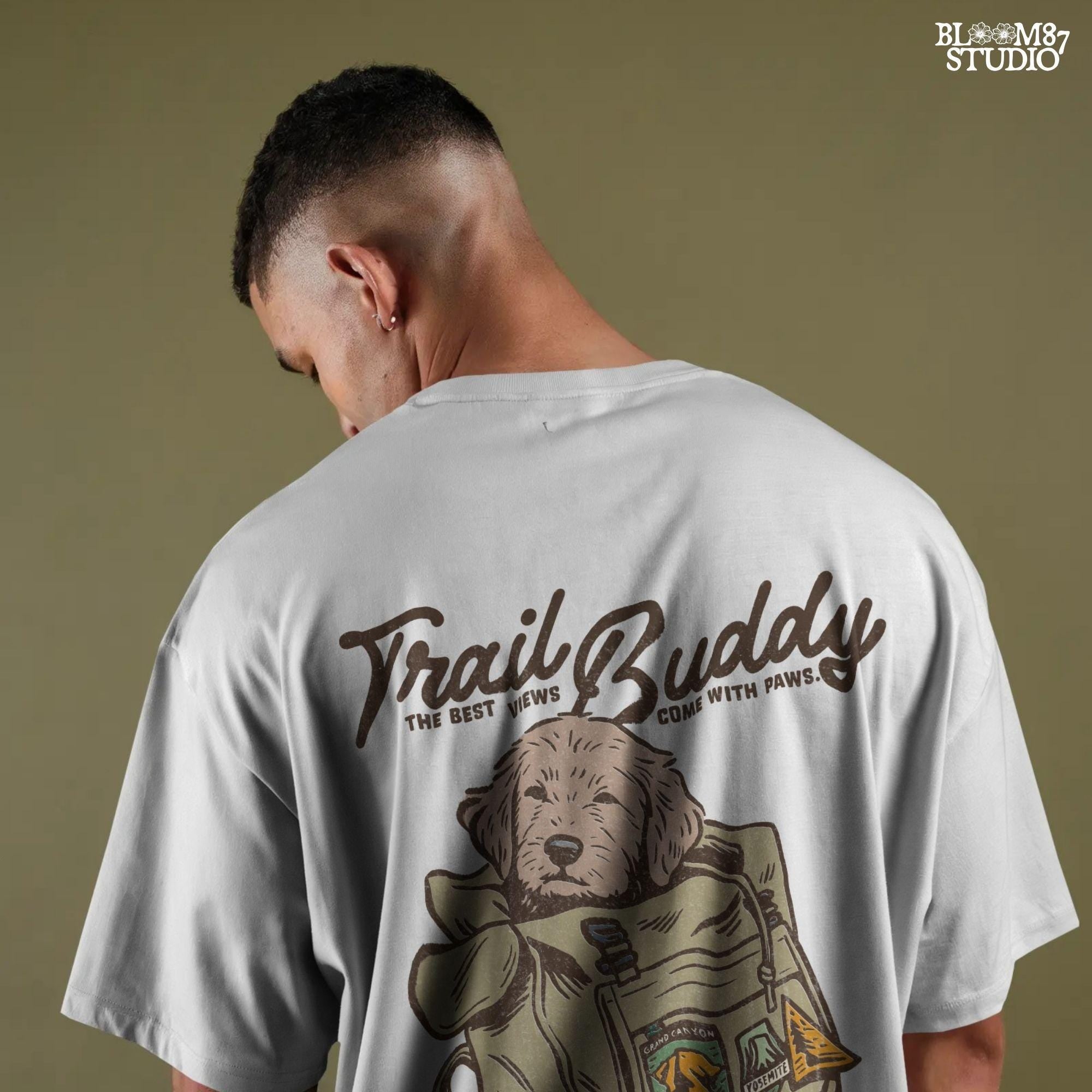 Hand-drawn illustration of a dog in a vintage hiking backpack with National Park patches and the phrase “The Best Views Come with Paws,” designed for sublimation.