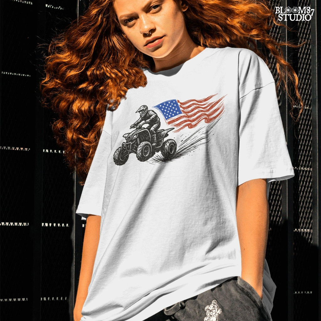 Hand-drawn illustration of a 4-wheeler racing ATV rider waving an American flag, evoking patriotic off-road adventure and freedom.