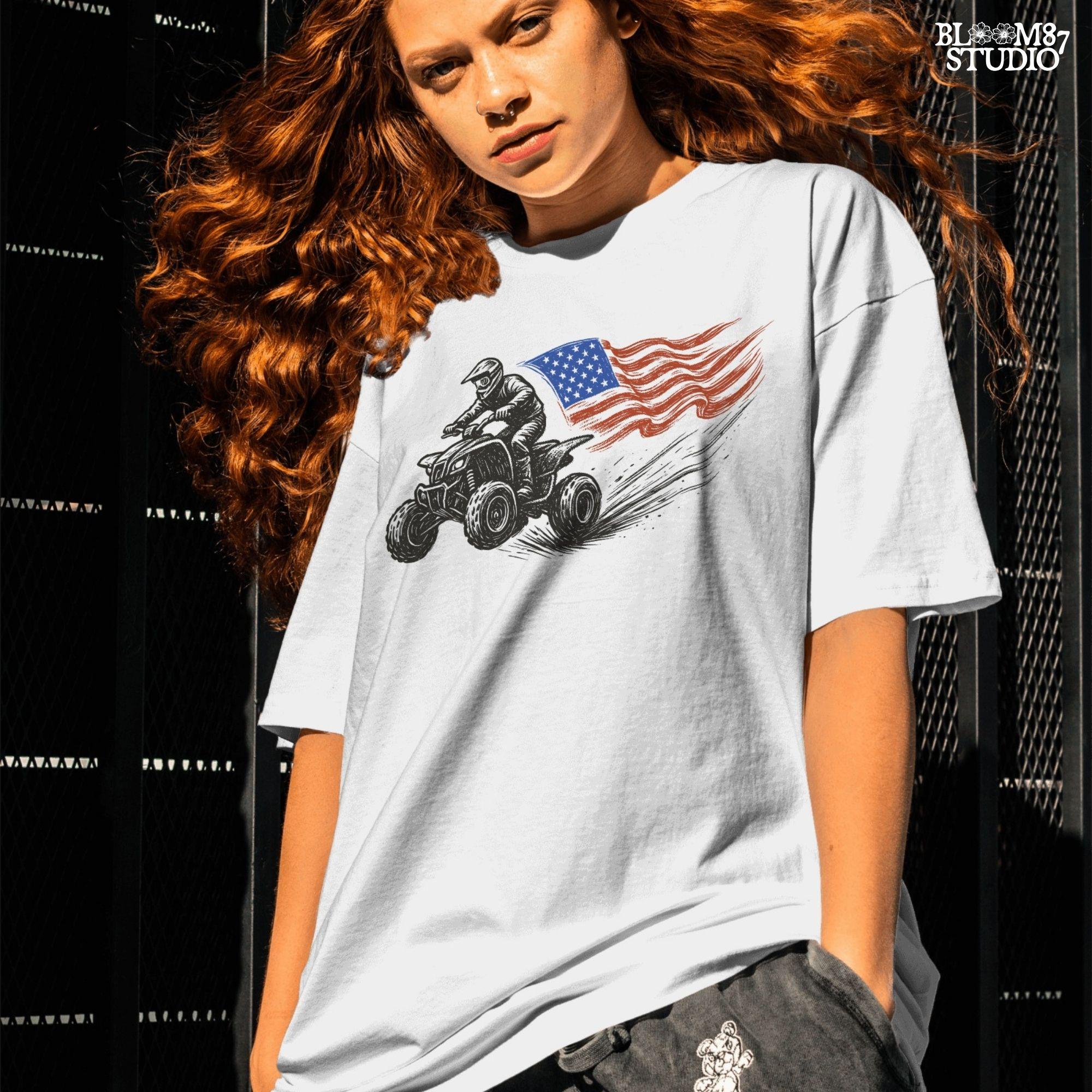 Hand-drawn illustration of a 4-wheeler racing ATV rider waving an American flag, evoking patriotic off-road adventure and freedom.