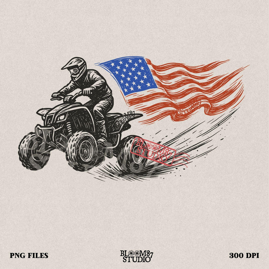 Hand-drawn illustration of a 4-wheeler racing ATV rider waving an American flag, evoking patriotic off-road adventure and freedom.