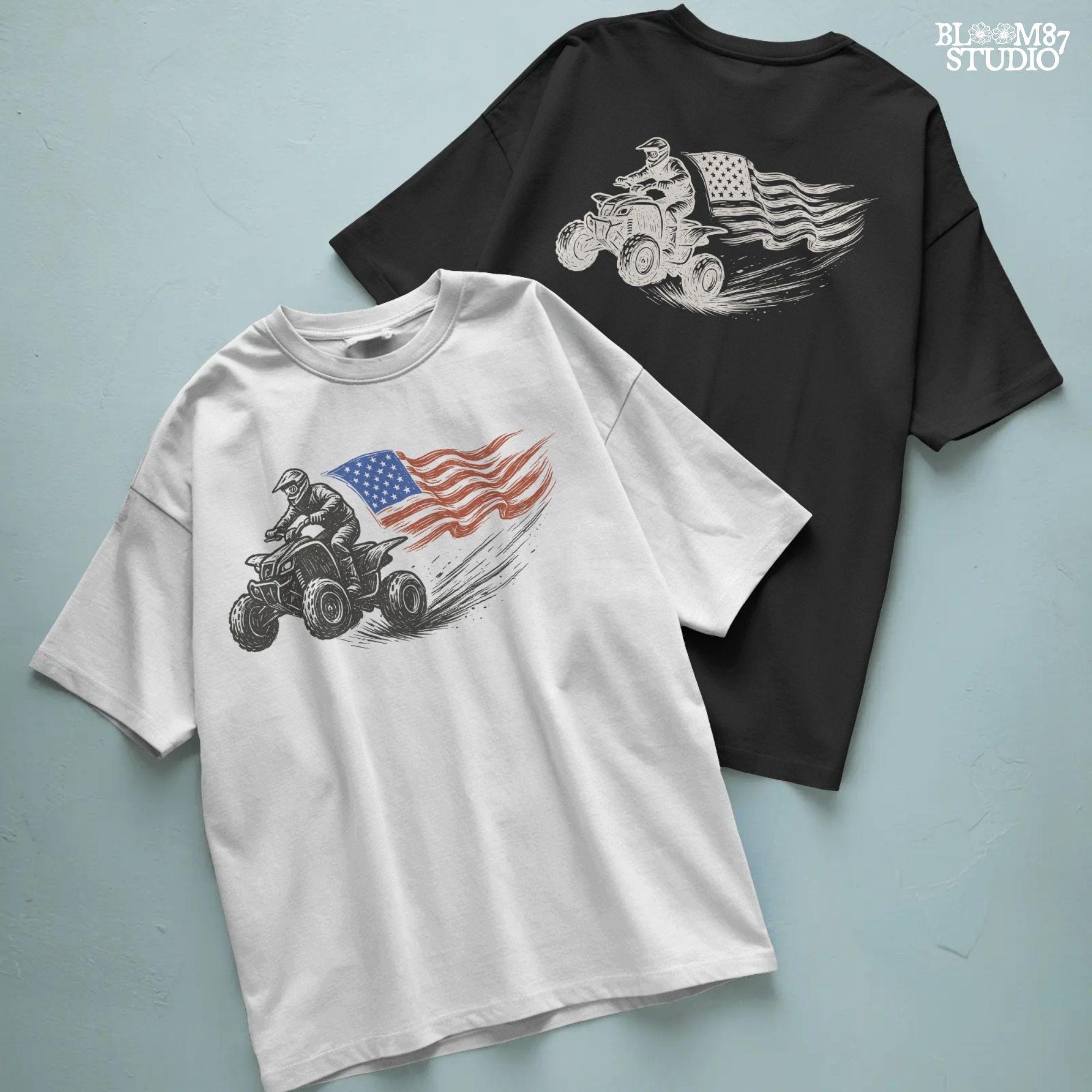 Hand-drawn illustration of a 4-wheeler racing ATV rider waving an American flag, evoking patriotic off-road adventure and freedom.