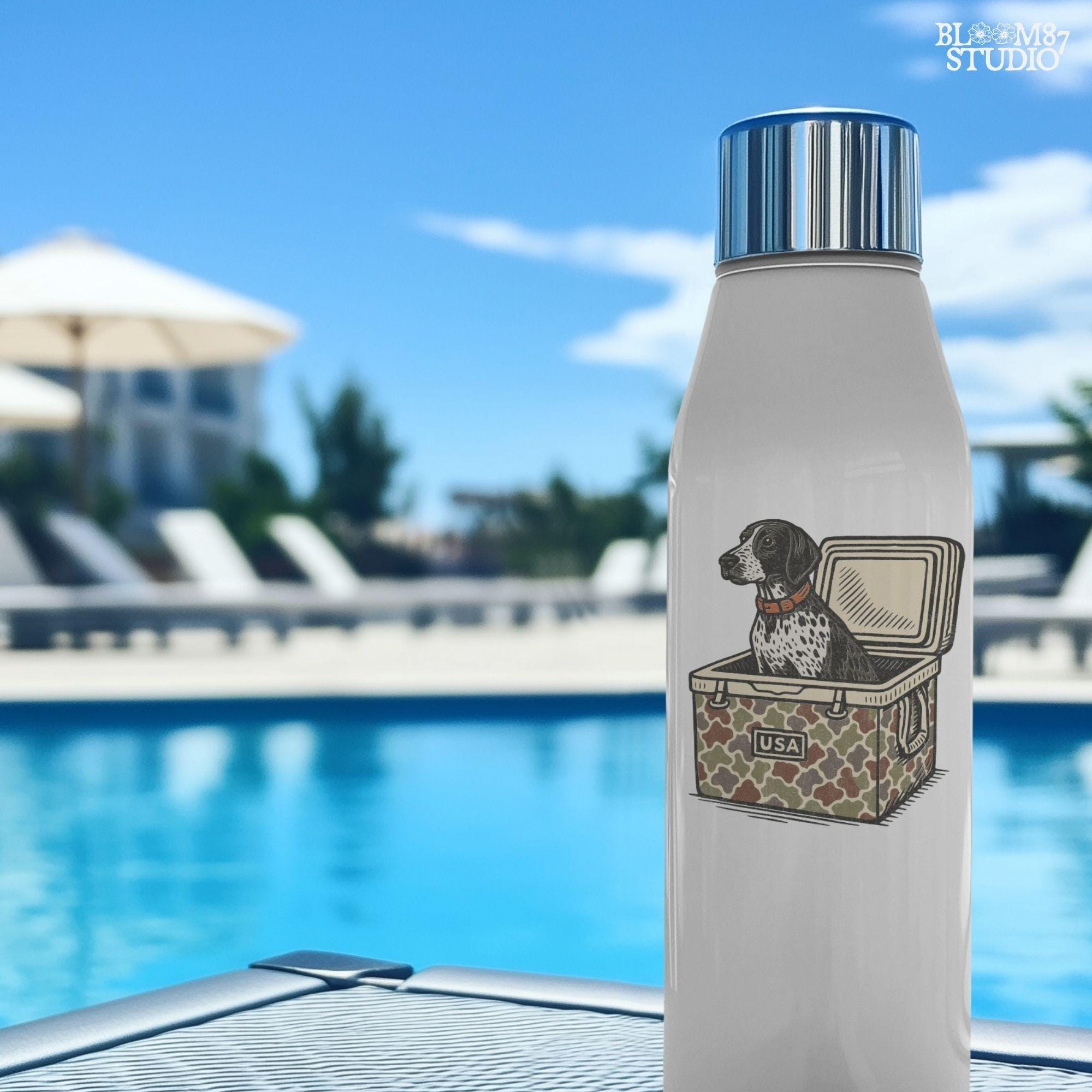 German Shorthaired Pointer dog sitting inside camouflage cooler labeled “USA,” in rustic cartoon patriotic style