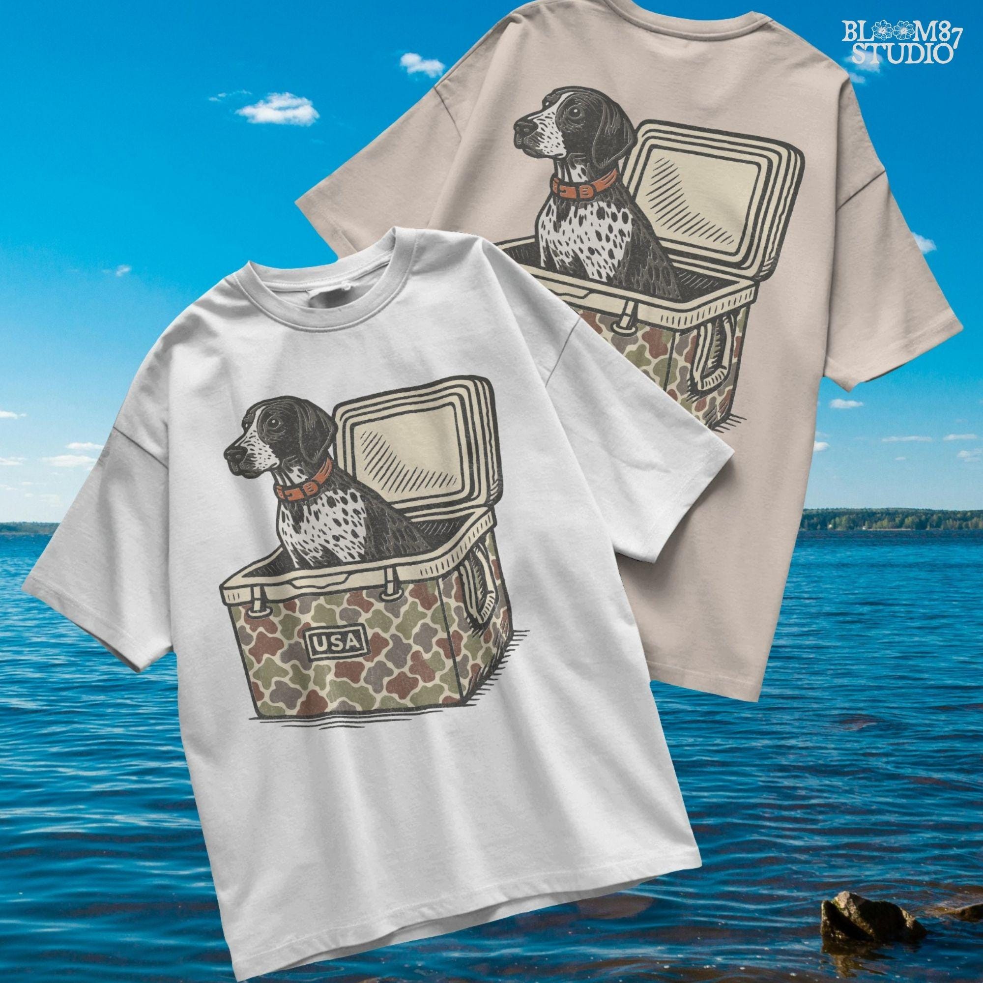 German Shorthaired Pointer dog sitting inside camouflage cooler labeled “USA,” in rustic cartoon patriotic style