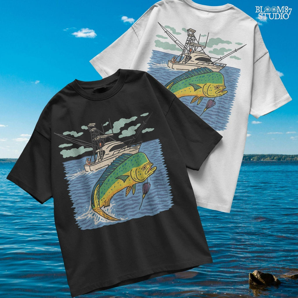 Colorful hand-drawn illustration of a mahi-mahi fish jumping in front of a sport fishing boat on the ocean, designed for sublimation and fishing-themed products.