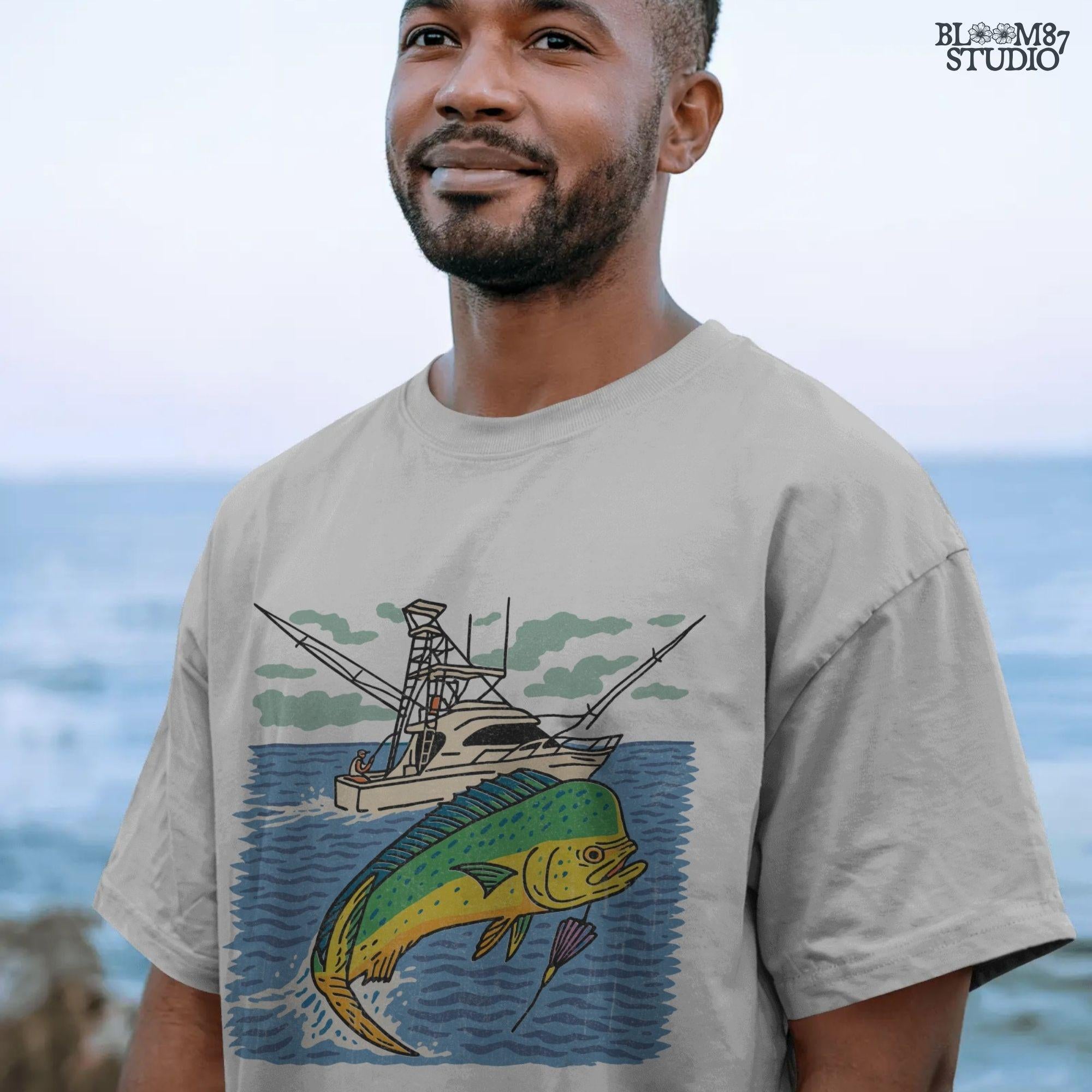 Colorful hand-drawn illustration of a mahi-mahi fish jumping in front of a sport fishing boat on the ocean, designed for sublimation and fishing-themed products.