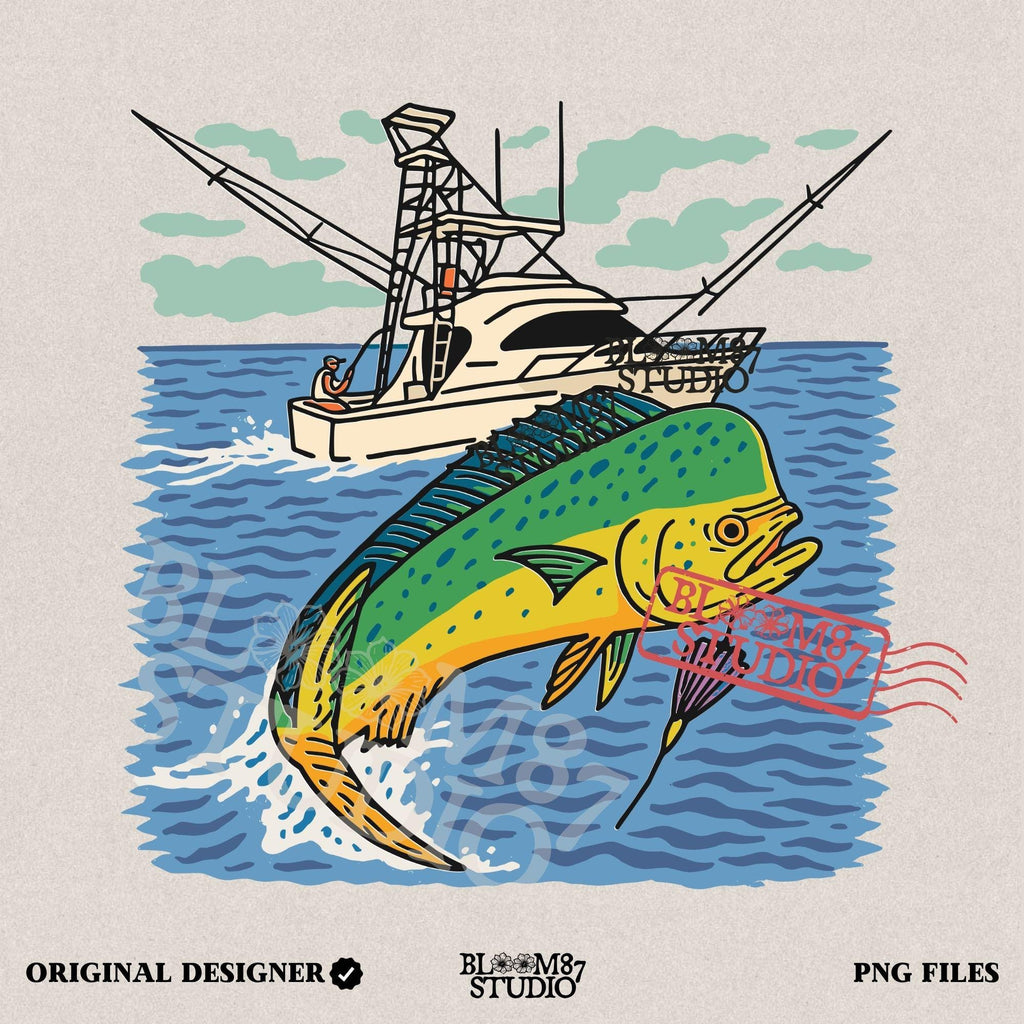 Colorful hand-drawn illustration of a mahi-mahi fish jumping in front of a sport fishing boat on the ocean, designed for sublimation and fishing-themed products.