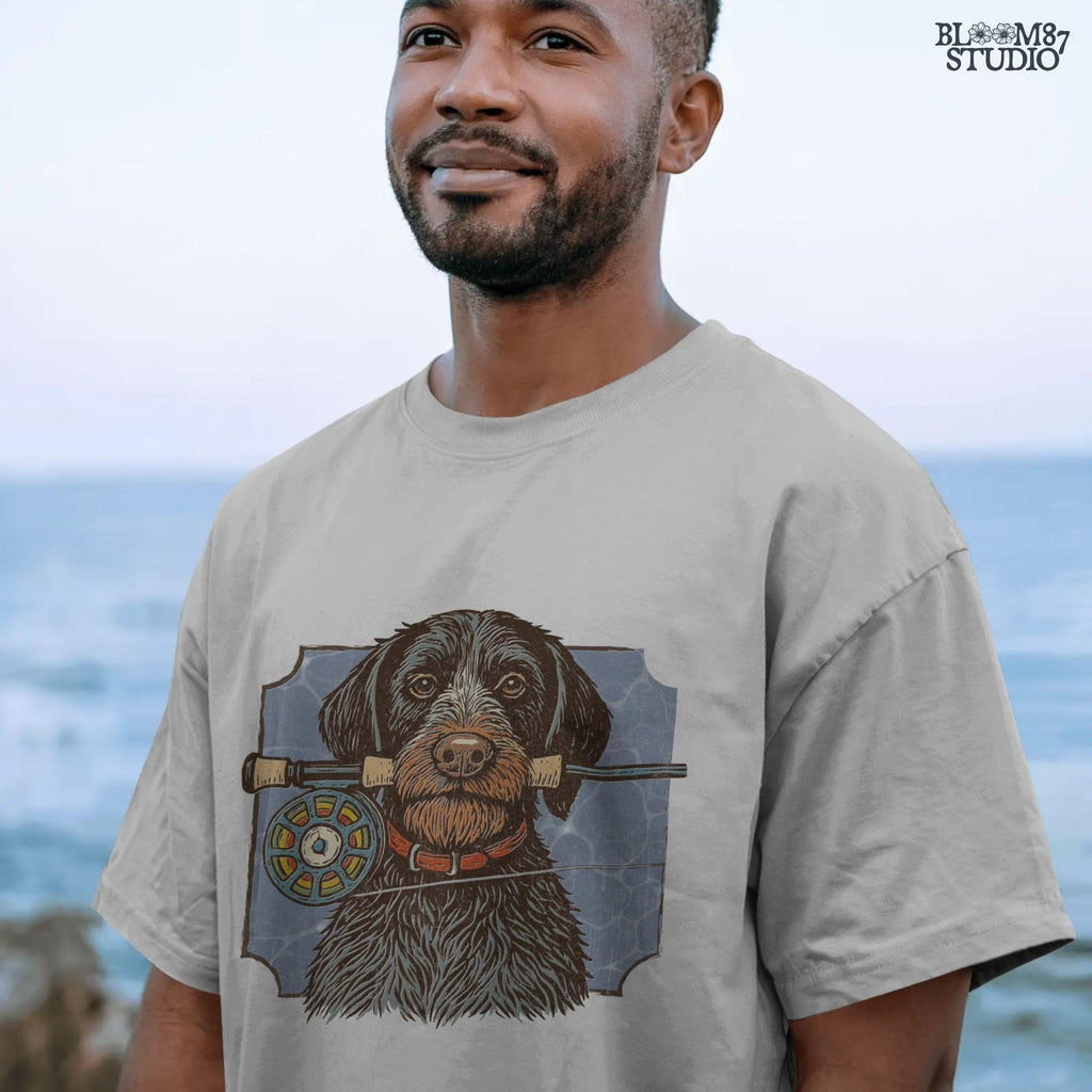 Vintage illustration of a German Wirehaired Pointer dog holding a fly fishing rod in its mouth, designed for sublimation and outdoor-themed projects.